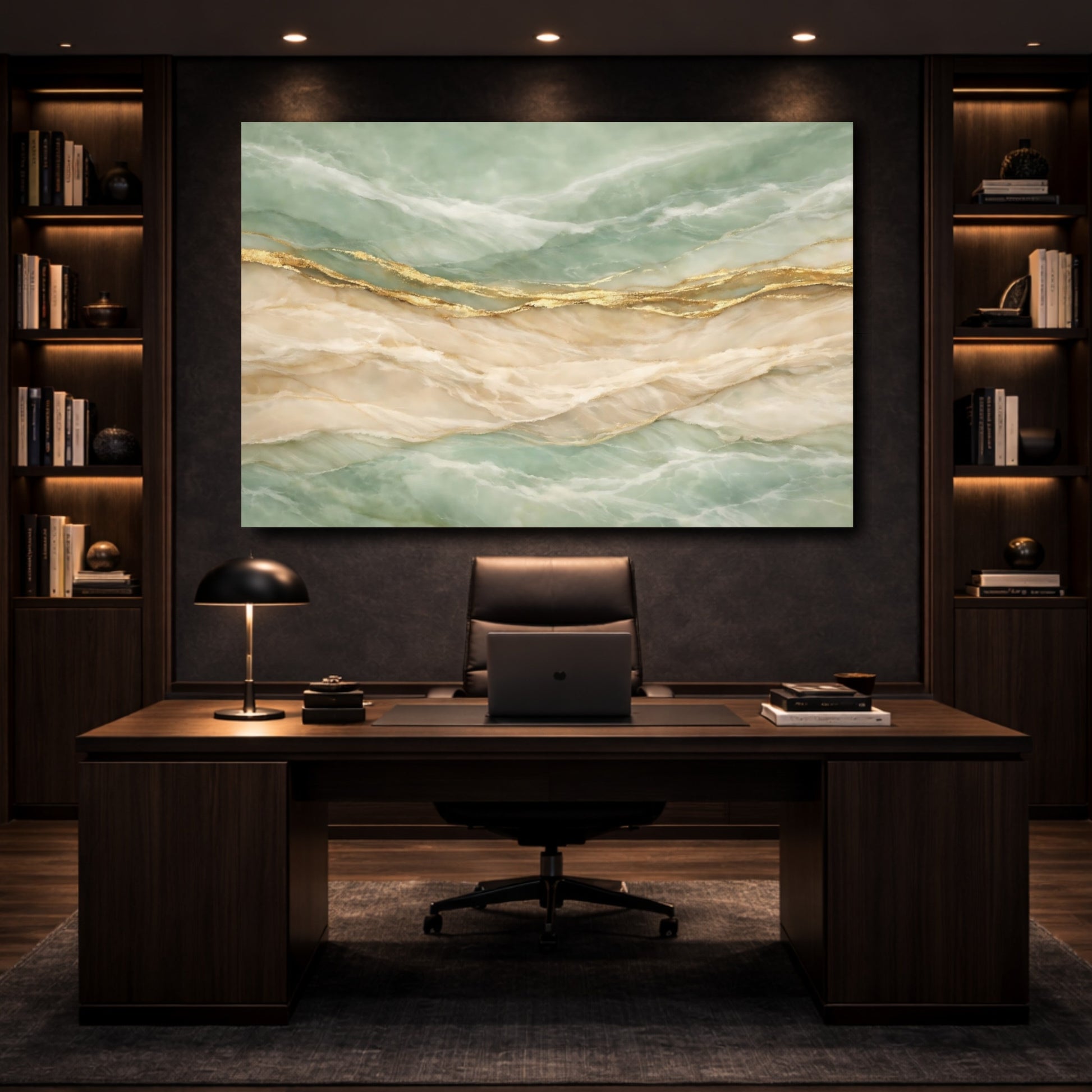 Mockup 4. Abstract Marble Veins Teal Gold Marble shown as stretched canvas wall art