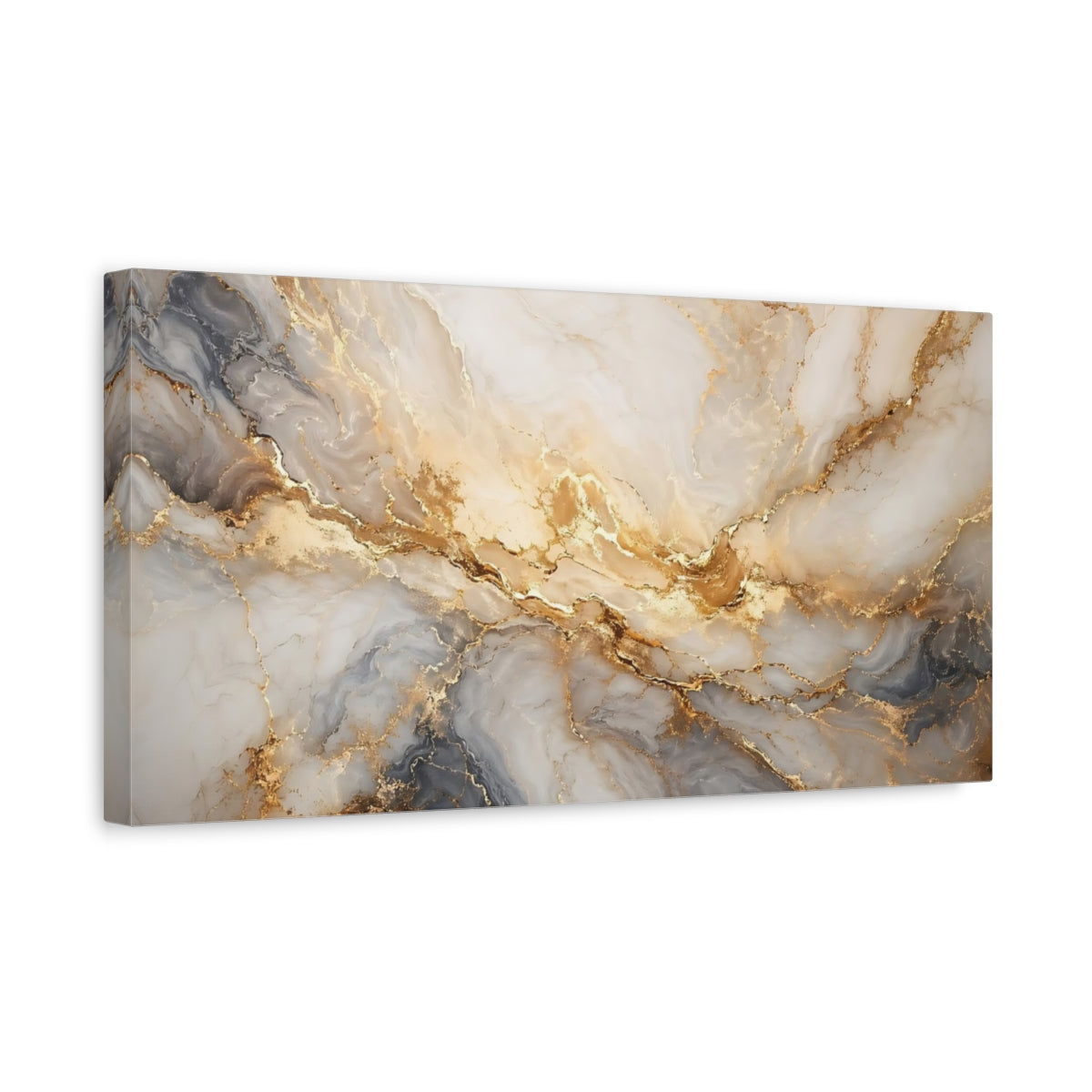 Side Mockup 3. Abstract Marble Veins White Gold Marble shown as stretched canvas wall art