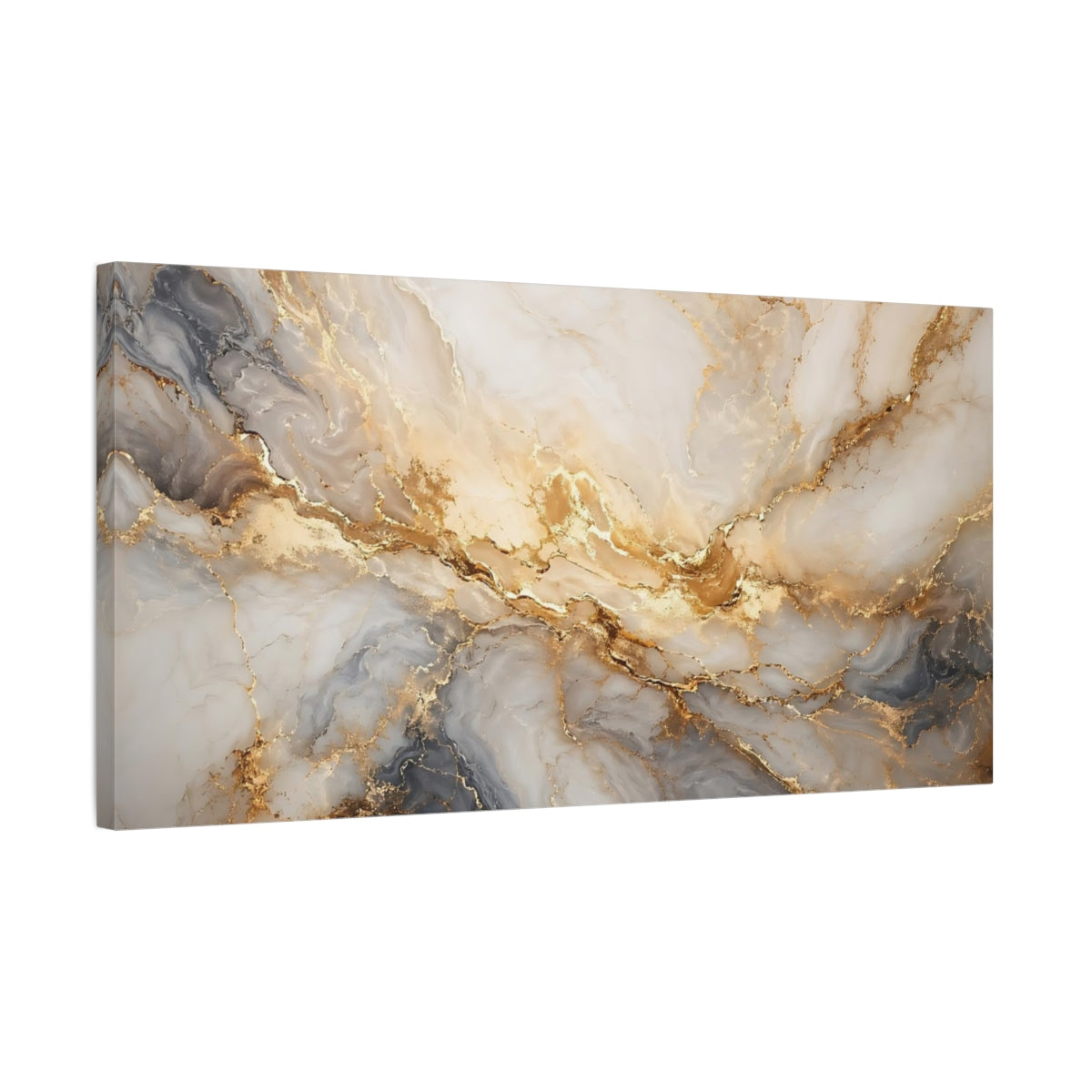 Side Mockup 1. Abstract Marble Veins White Gold Marble shown as stretched canvas wall art