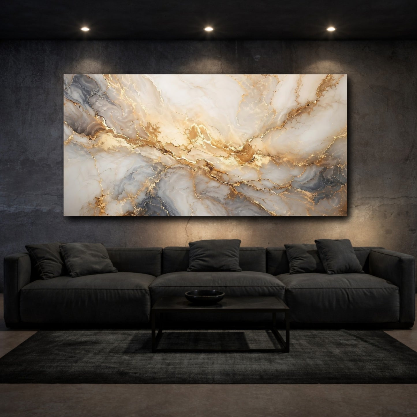 Mockup 2. Abstract Marble Veins White Gold Marble shown as stretched canvas wall art