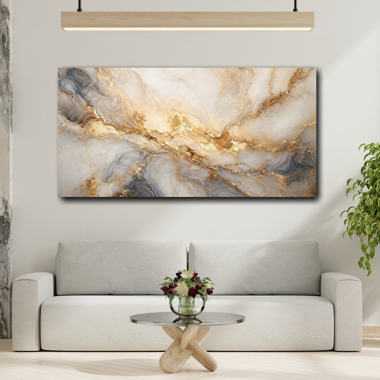 Mockup 3. Abstract Marble Veins White Gold Marble shown as stretched canvas wall art