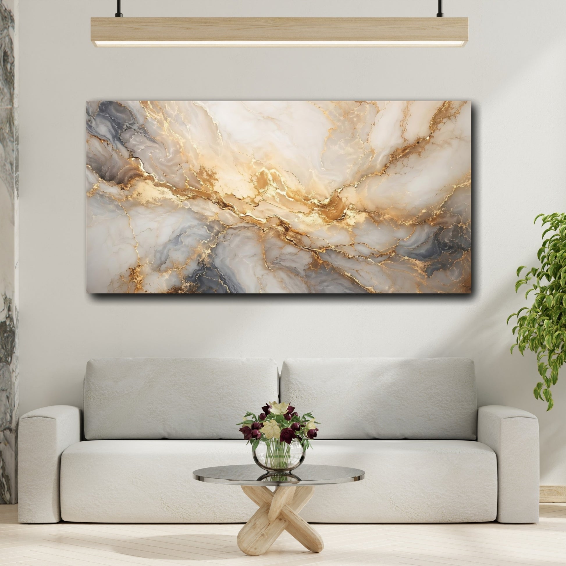 Mockup 3. Abstract Marble Veins White Gold Marble shown as stretched canvas wall art