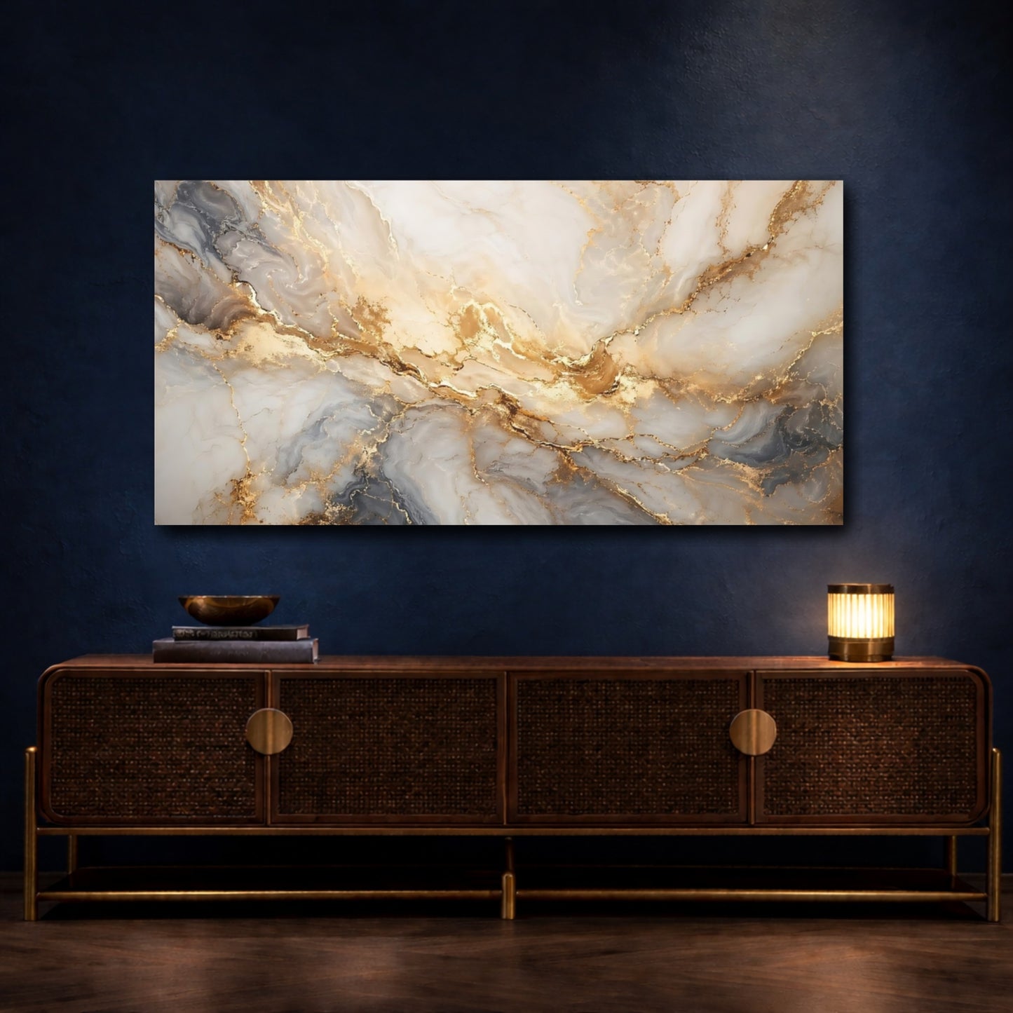 Mockup 4. Abstract Marble Veins White Gold Marble shown as stretched canvas wall art