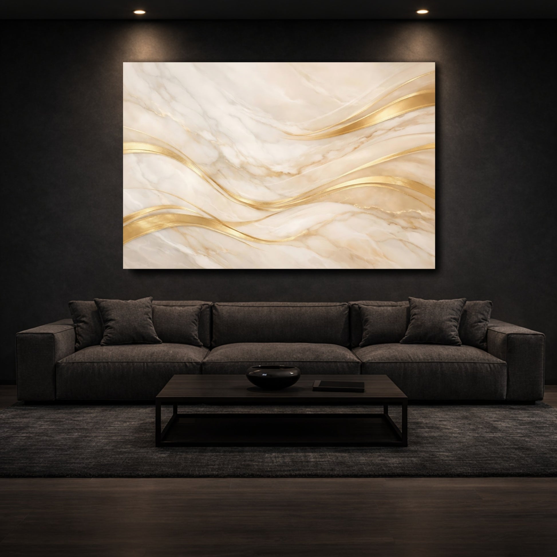 Mockup 2. Abstract Marble Waves Gold And Marble shown as stretched canvas wall art