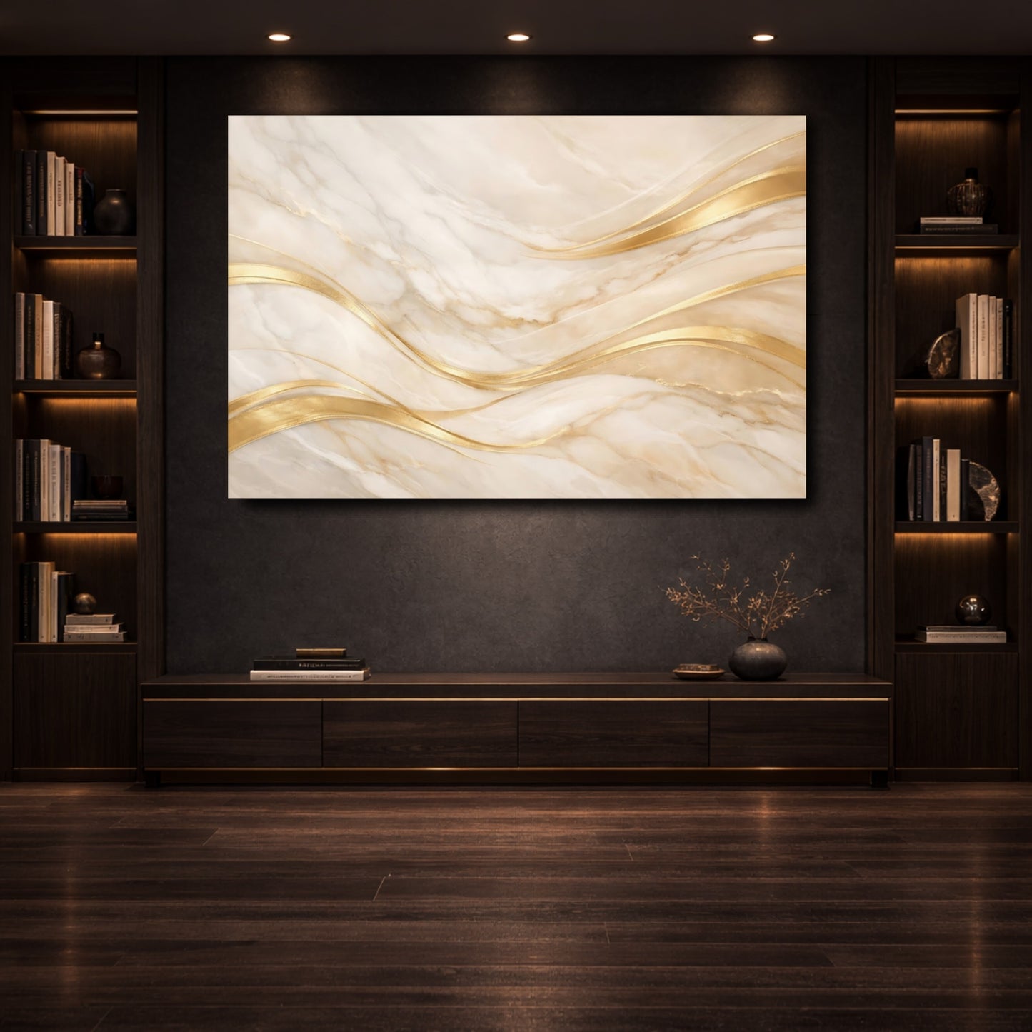 Mockup 3. Abstract Marble Waves Gold And Marble shown as stretched canvas wall art