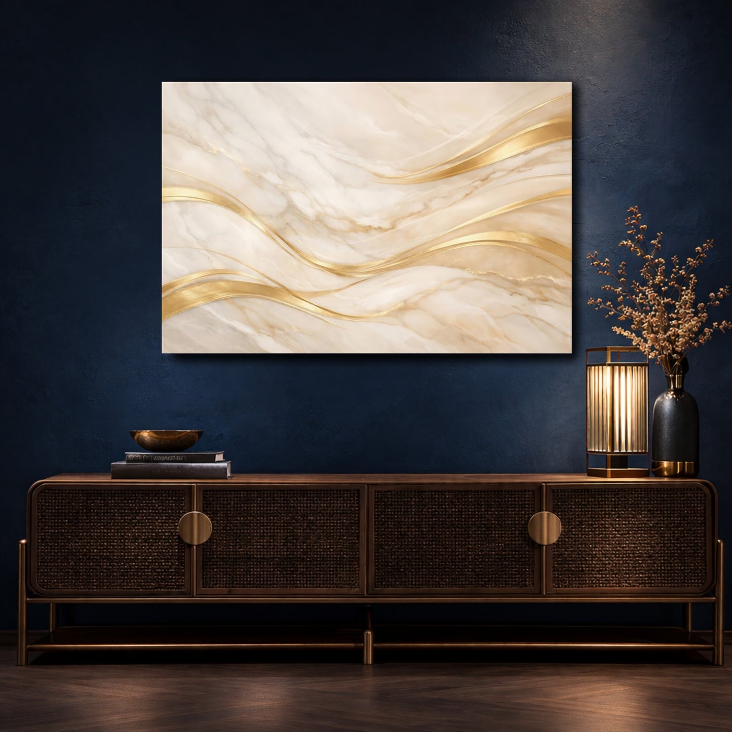 Mockup 4. Abstract Marble Waves Gold And Marble shown as stretched canvas wall art