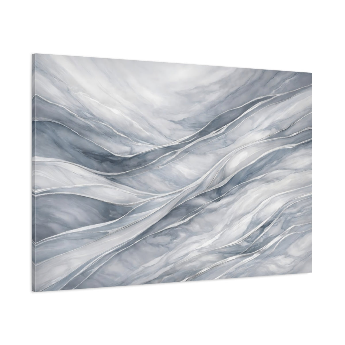 Main Mockup. Abstract Marble Waves Gray And Silver shown as stretched canvas wall art