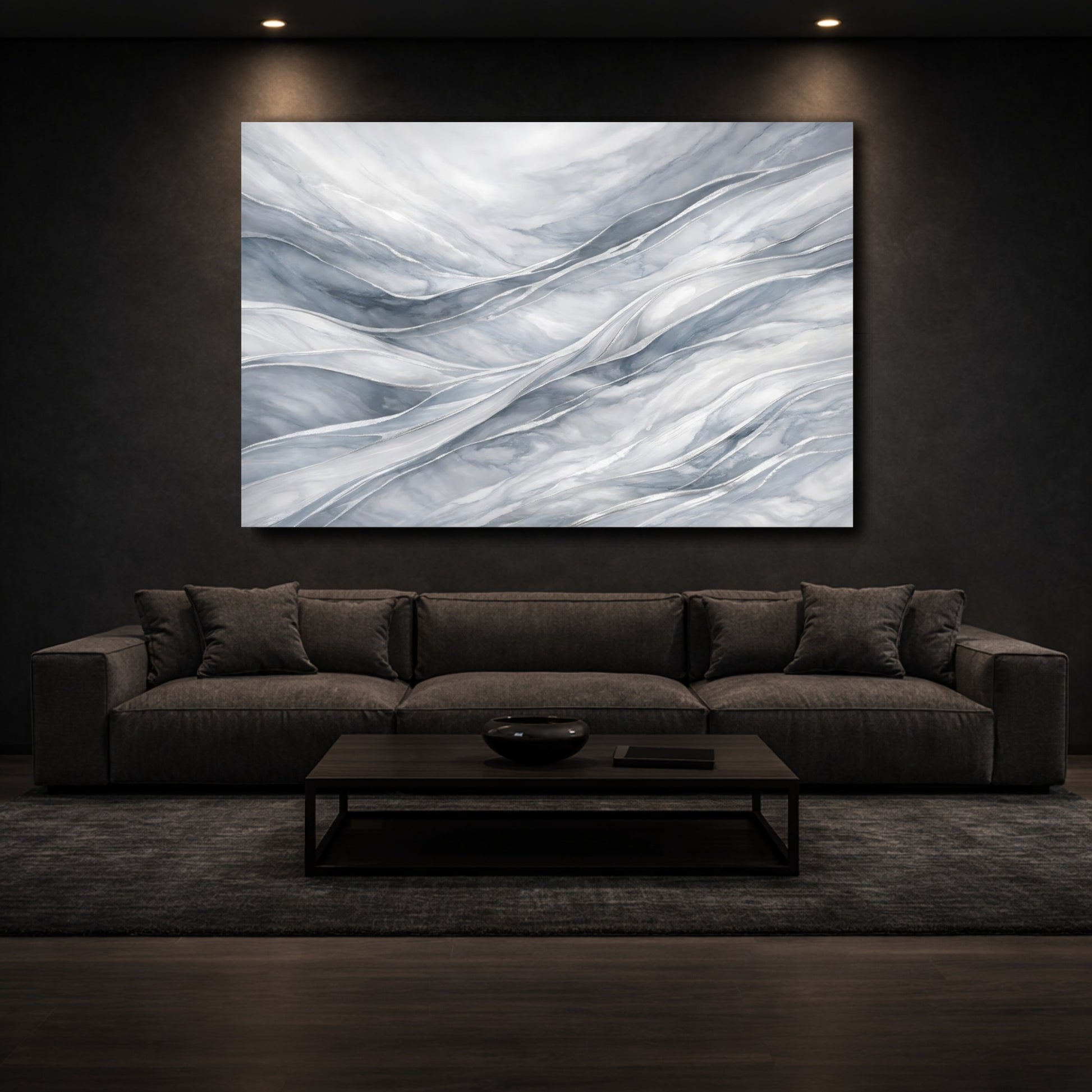 Mockup 2. Abstract Marble Waves Gray And Silver shown as stretched canvas wall art