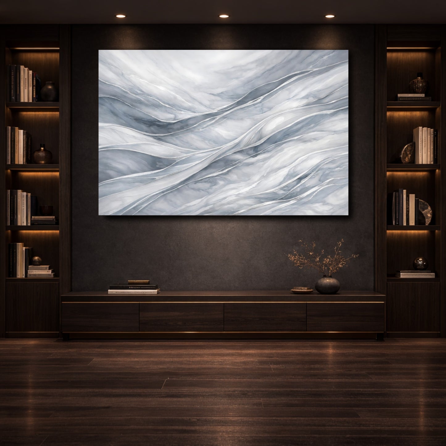 Mockup 3. Abstract Marble Waves Gray And Silver shown as stretched canvas wall art