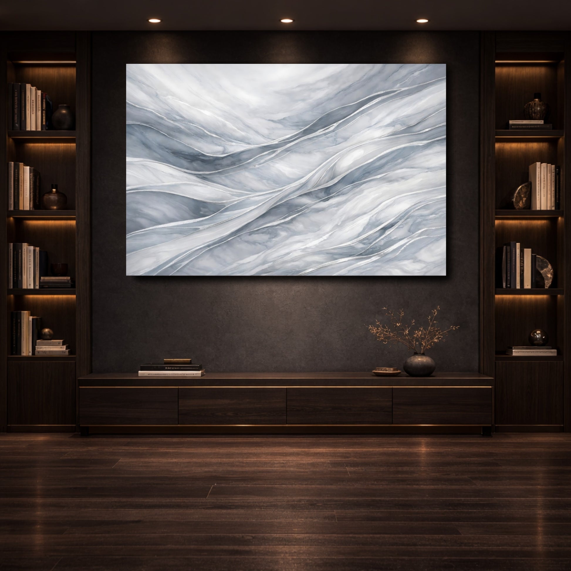 Mockup 3. Abstract Marble Waves Gray And Silver shown as stretched canvas wall art