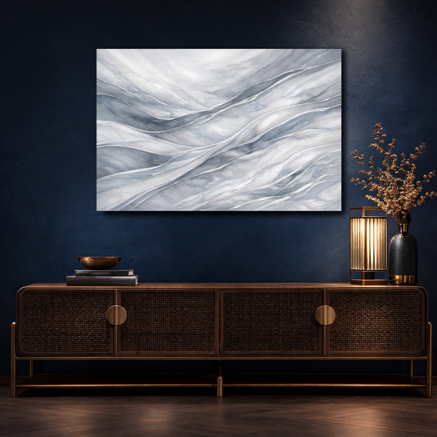 Mockup 4. Abstract Marble Waves Gray And Silver shown as stretched canvas wall art