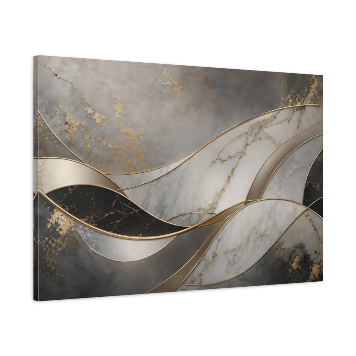 Main Mockup. Abstract Marble Waves Gray Gold Abstract shown as stretched canvas wall art