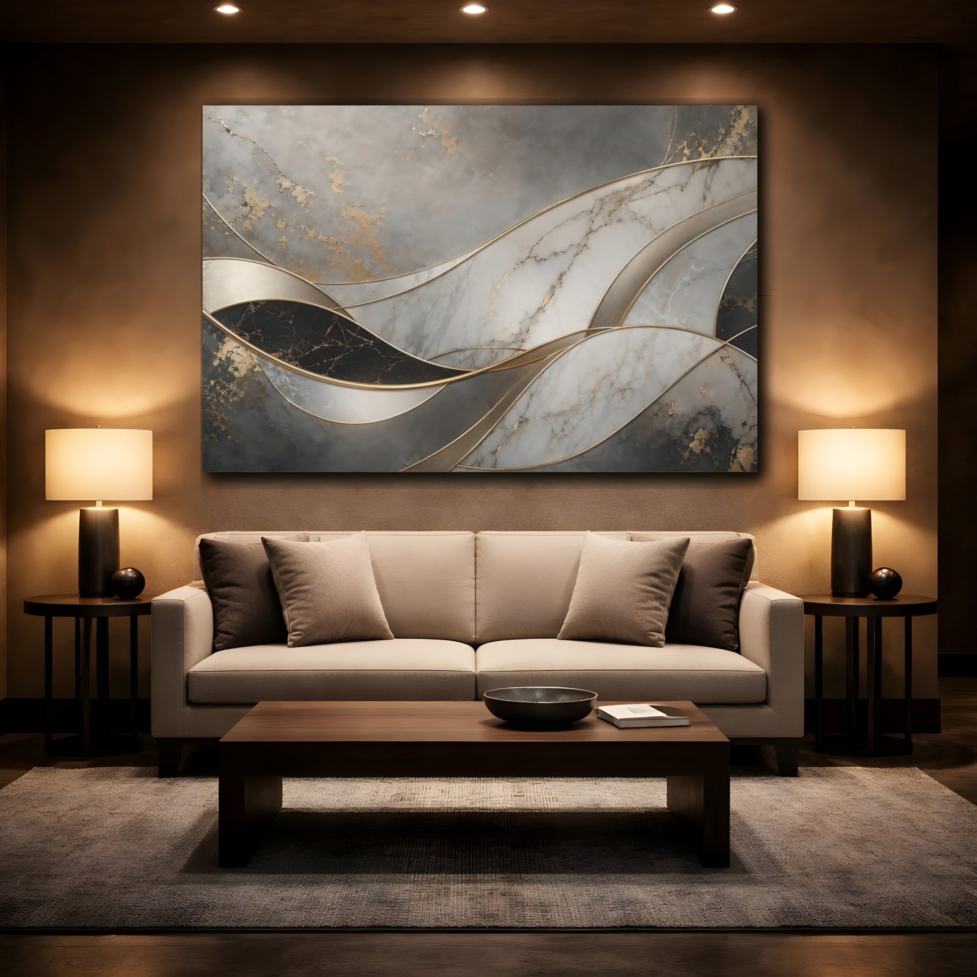 Mockup 2. Abstract Marble Waves Gray Gold Abstract shown as stretched canvas wall art