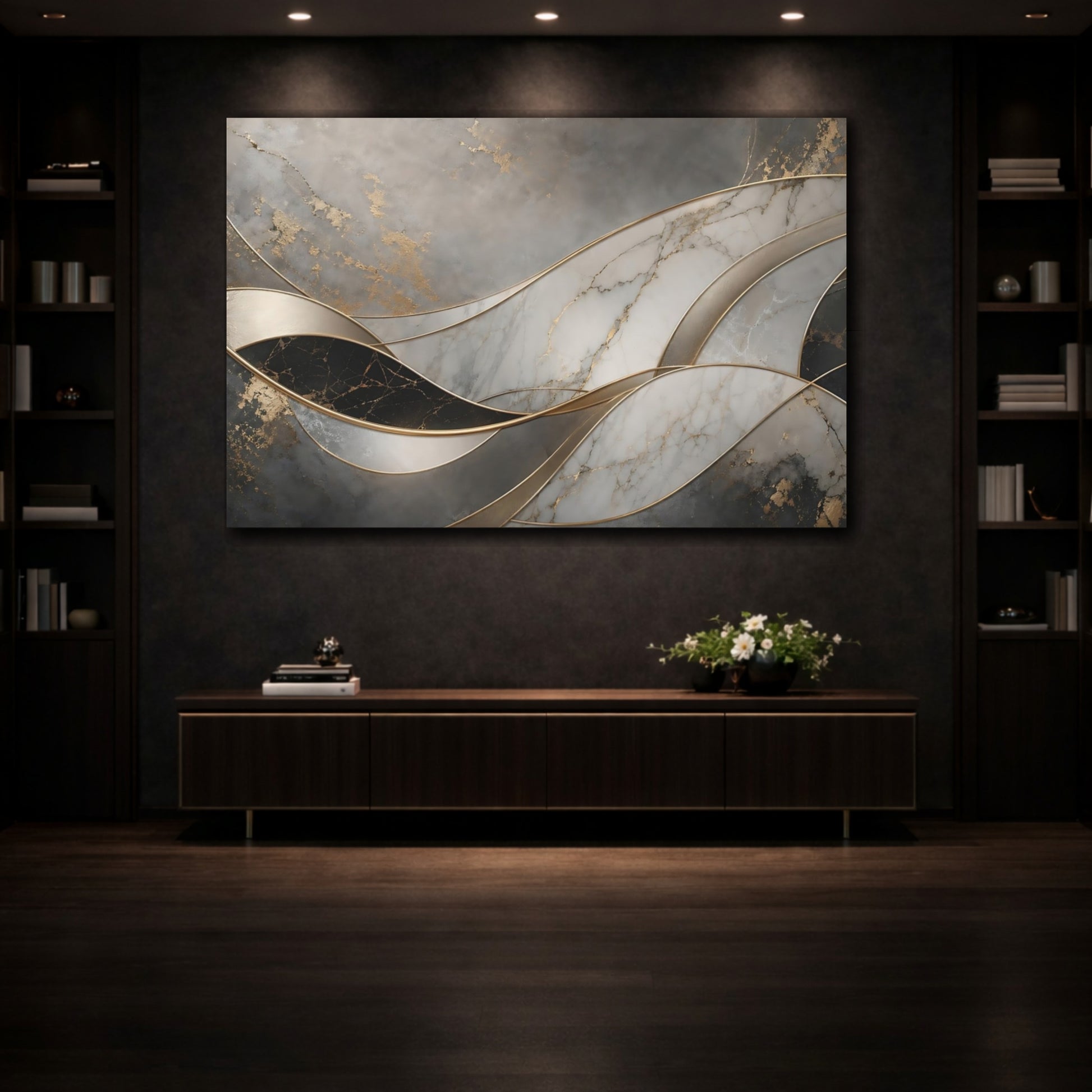 Mockup 3. Abstract Marble Waves Gray Gold Abstract shown as stretched canvas wall art