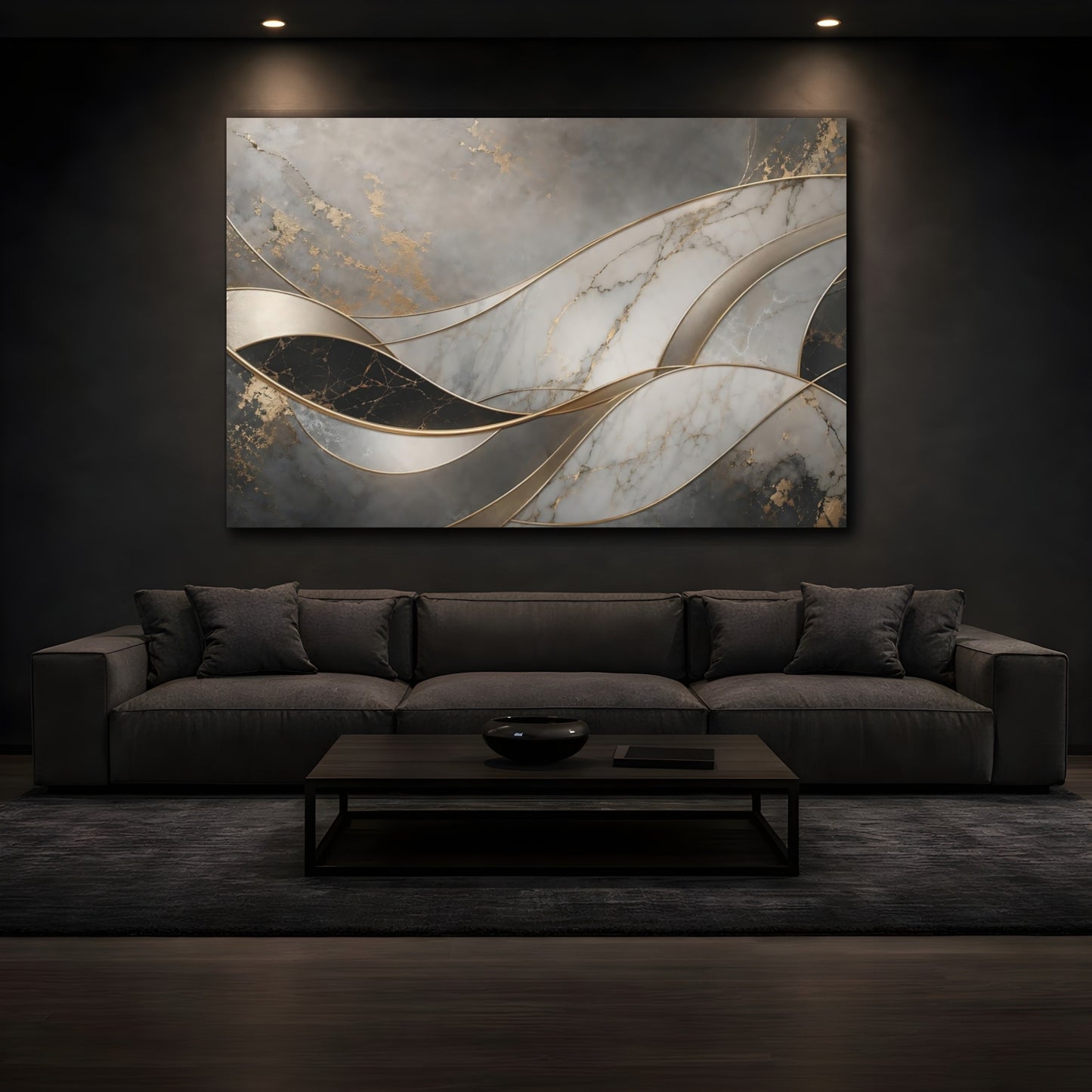Mockup 4. Abstract Marble Waves Gray Gold Abstract shown as stretched canvas wall art