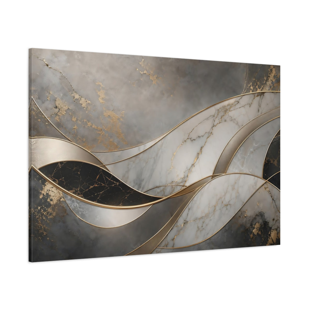 Side Mockup 1. Abstract Marble Waves Gray Gold Abstract shown as stretched canvas wall art