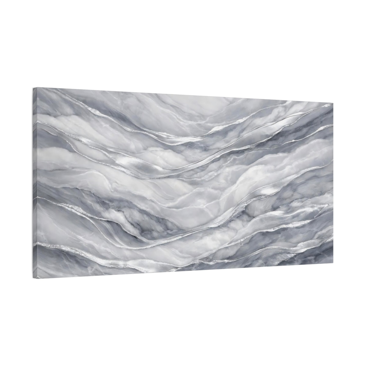 Side Mockup 1. Abstract Marble Waves Grey Silver Marble shown as stretched canvas wall art