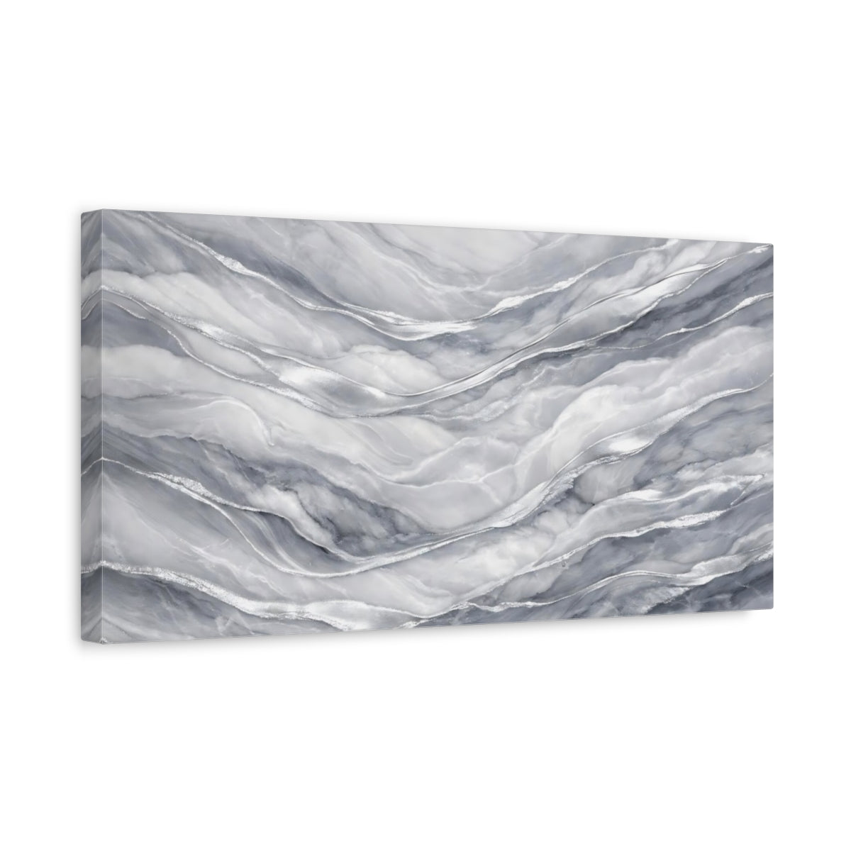 Side Mockup 3. Abstract Marble Waves Grey Silver Marble shown as stretched canvas wall art
