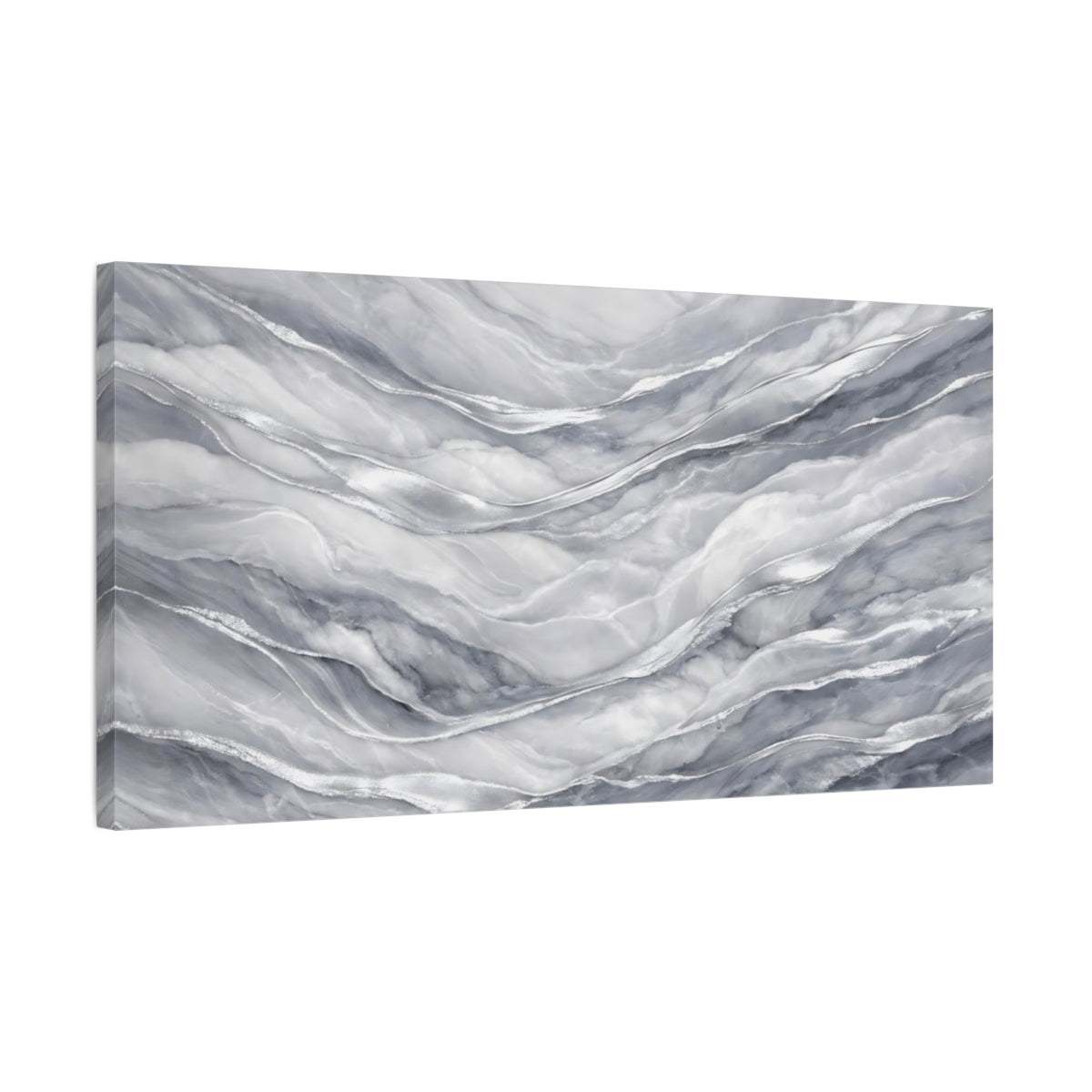 Side Mockup 2. Abstract Marble Waves Grey Silver Marble shown as stretched canvas wall art