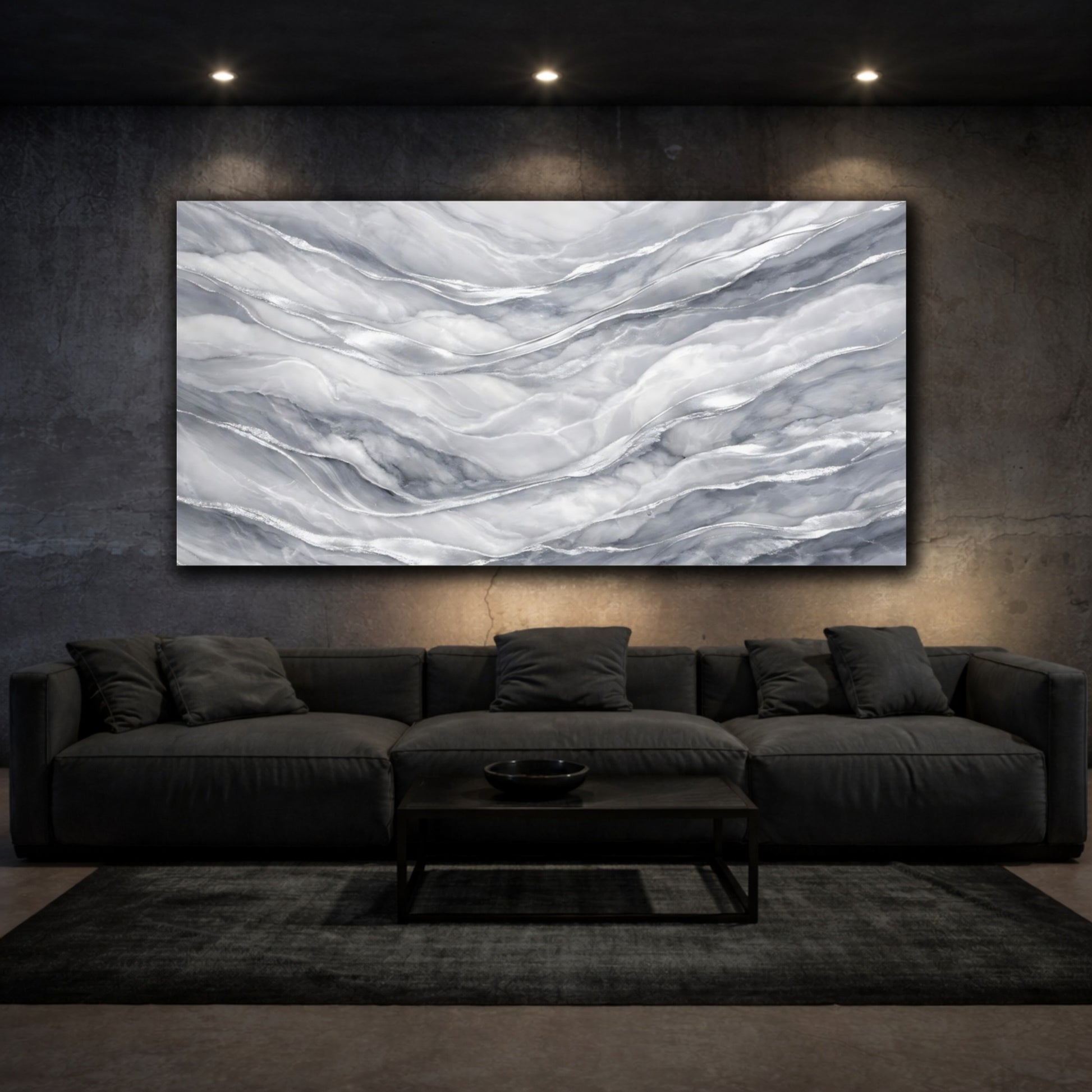 Mockup 2. Abstract Marble Waves Grey Silver Marble shown as stretched canvas wall art