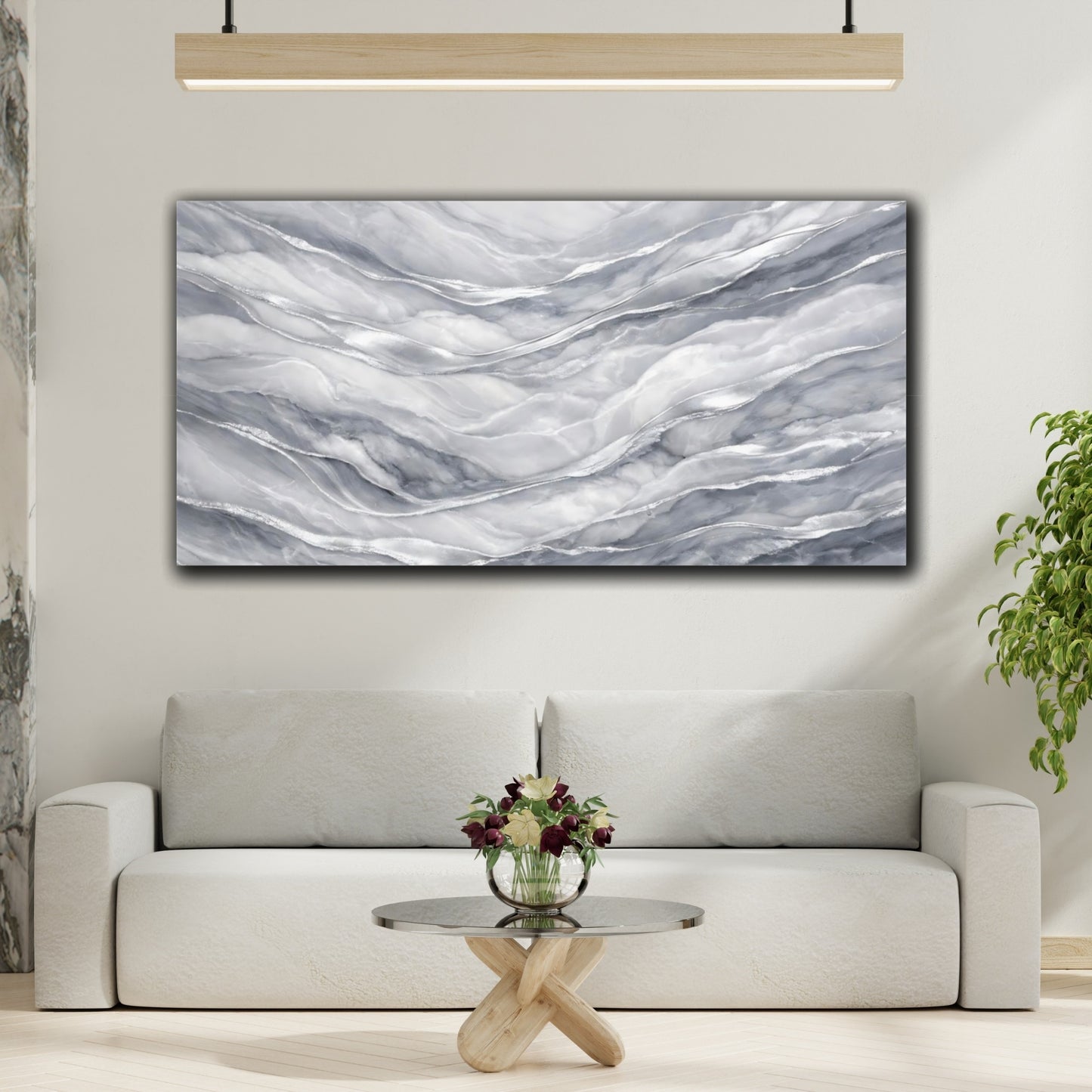 Mockup 3. Abstract Marble Waves Grey Silver Marble shown as stretched canvas wall art