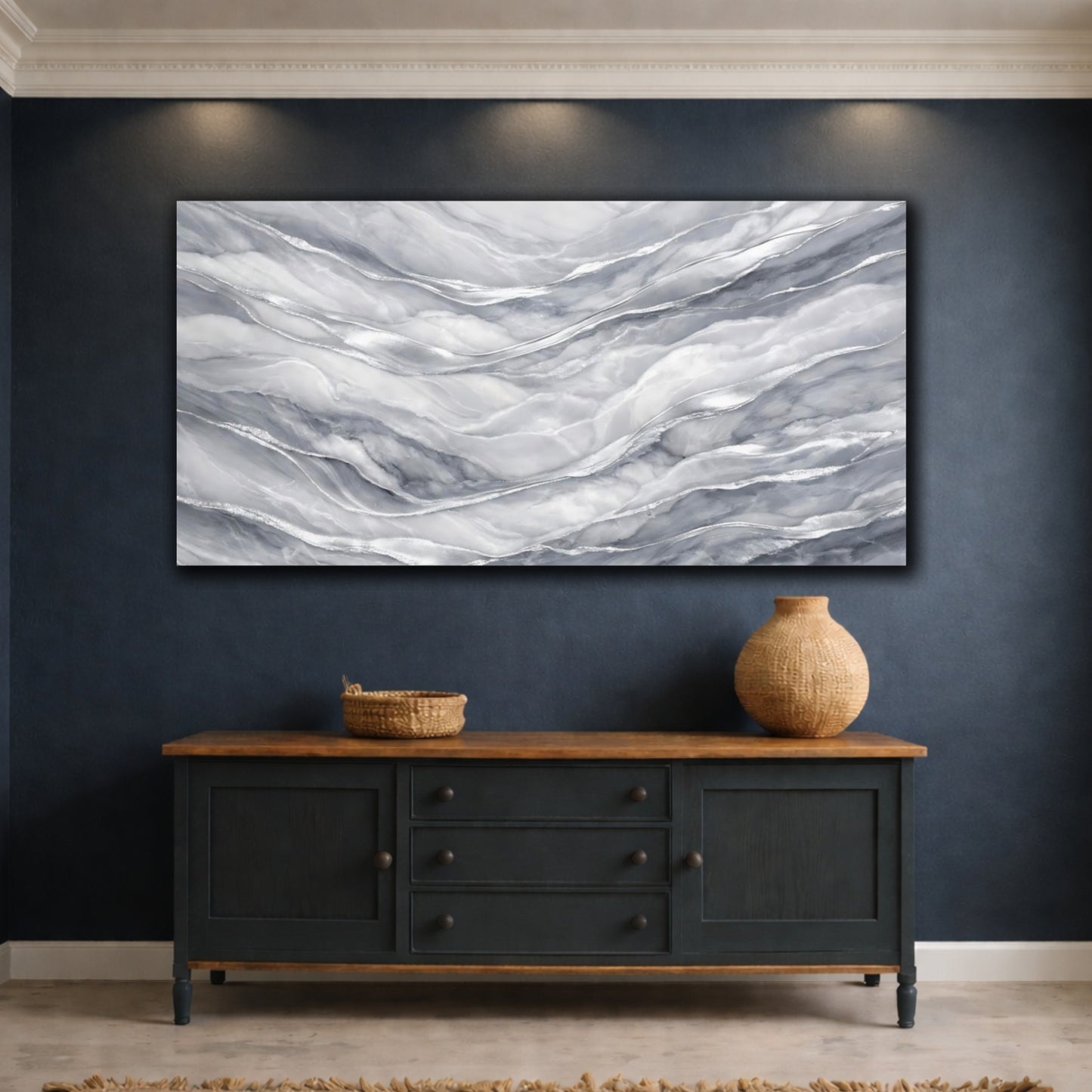 Mockup 4. Abstract Marble Waves Grey Silver Marble shown as stretched canvas wall art