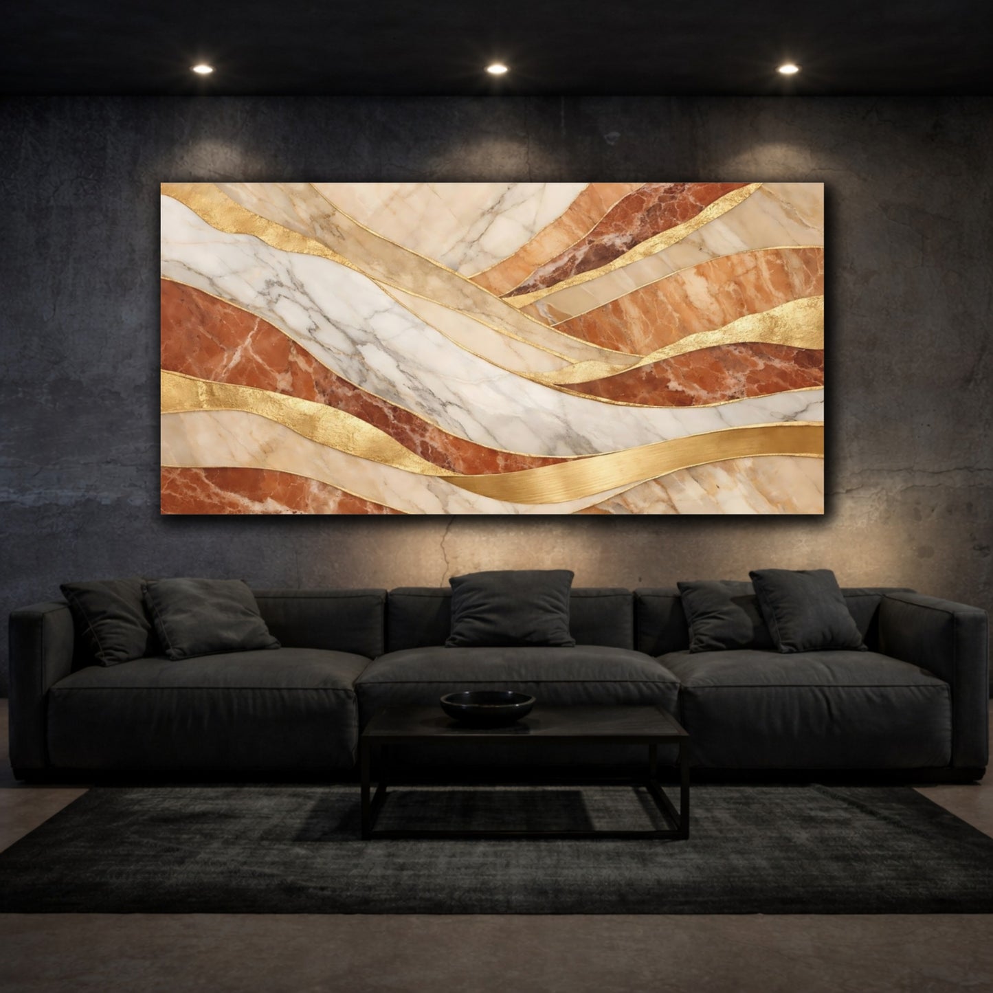 Mockup 2. Abstract Marble Waves Marble Gold Waves shown as stretched canvas wall art