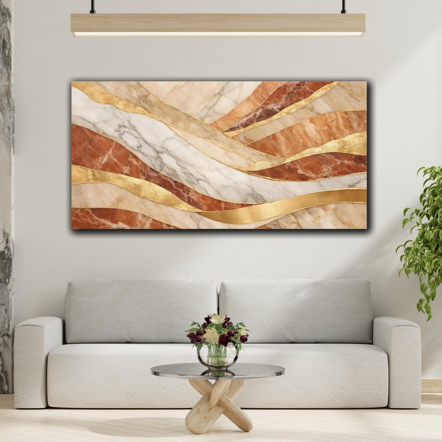 Mockup 3. Abstract Marble Waves Marble Gold Waves shown as stretched canvas wall art