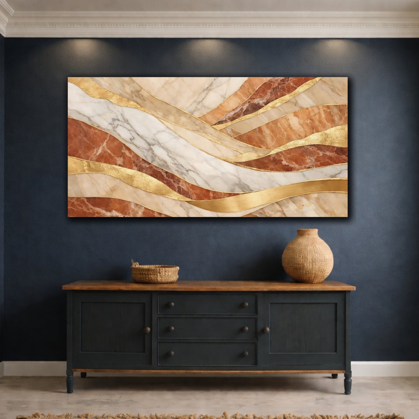 Mockup 4. Abstract Marble Waves Marble Gold Waves shown as stretched canvas wall art