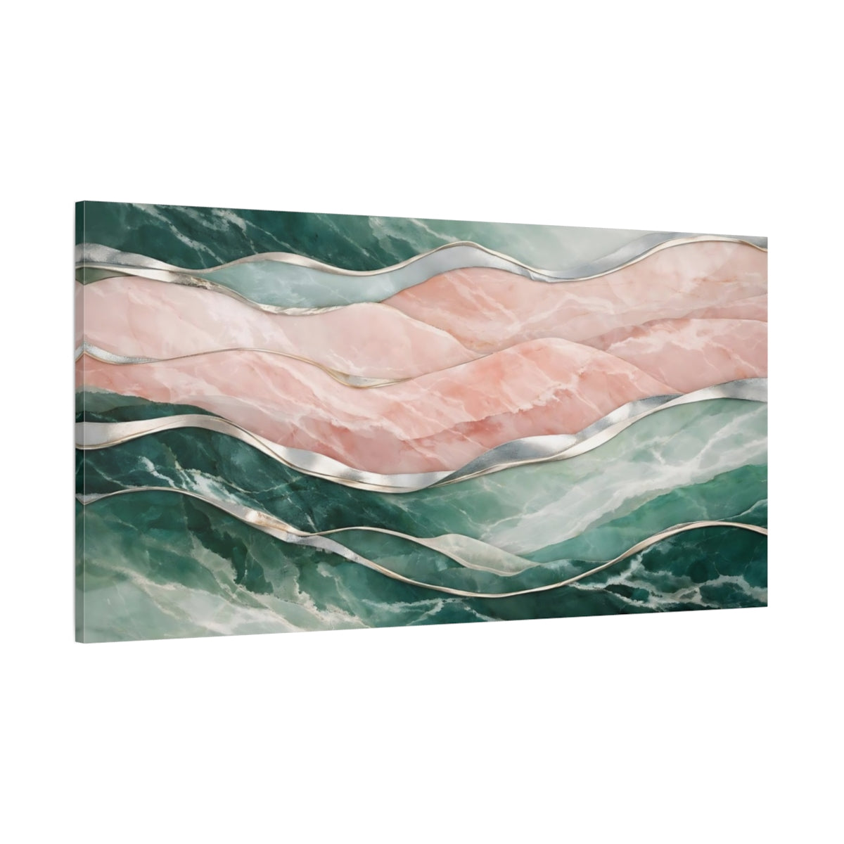 Main Mockup. Abstract Marble Waves Pink And Green Marble shown as stretched canvas wall art