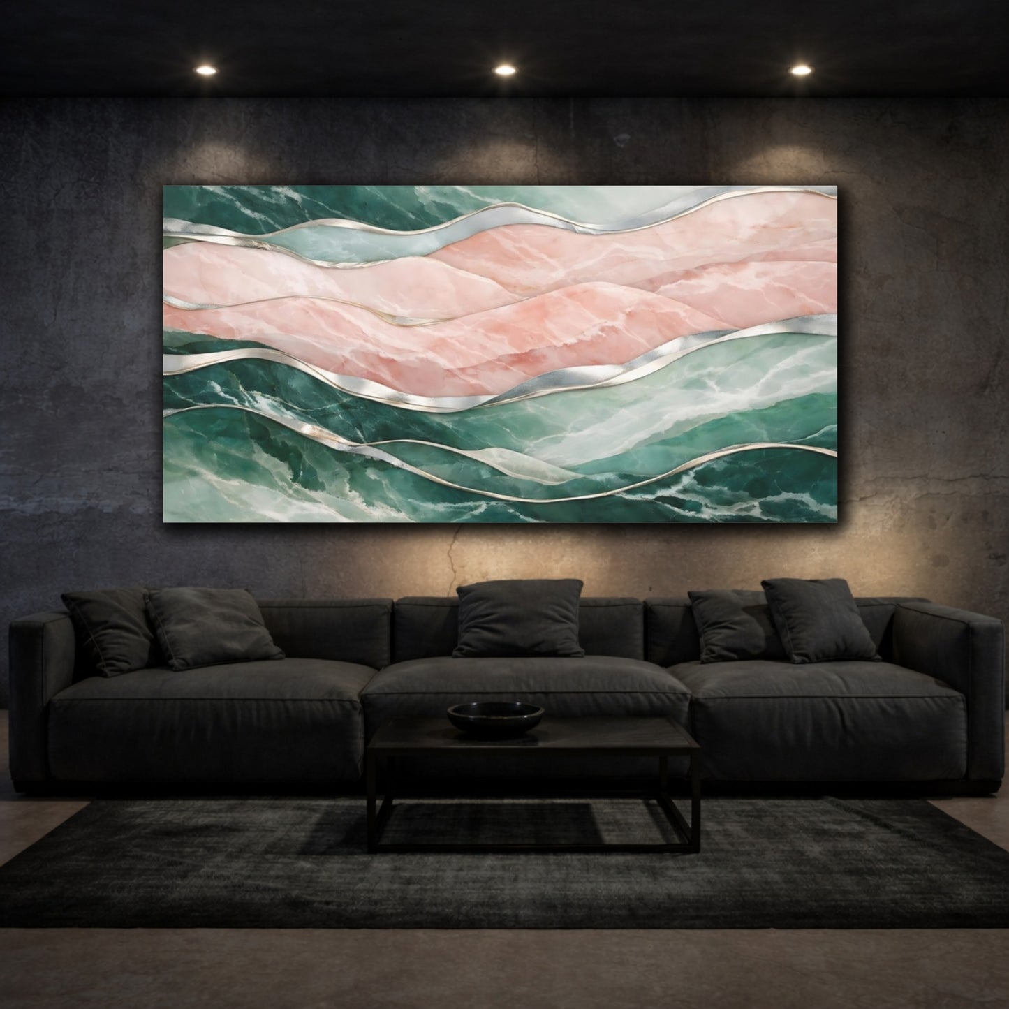 Mockup 2. Abstract Marble Waves Pink And Green Marble shown as stretched canvas wall art