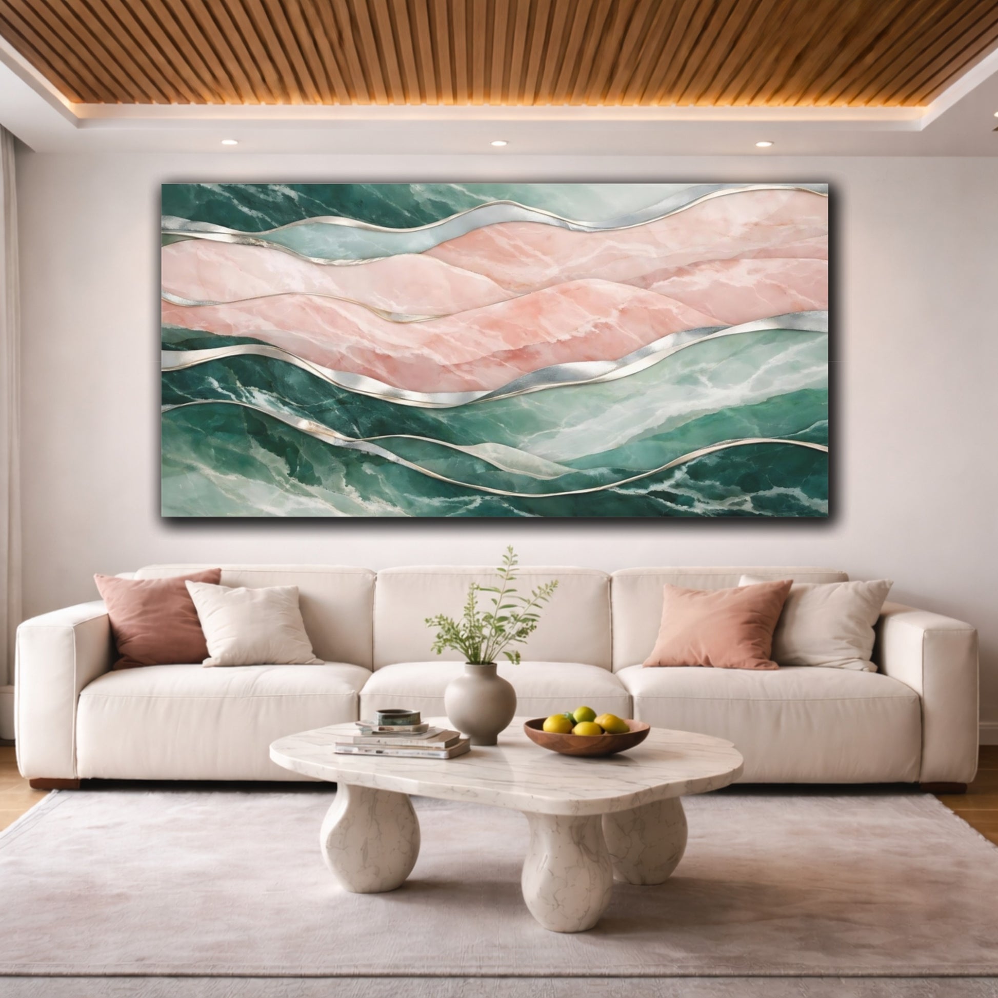 Mockup 3. Abstract Marble Waves Pink And Green Marble shown as stretched canvas wall art