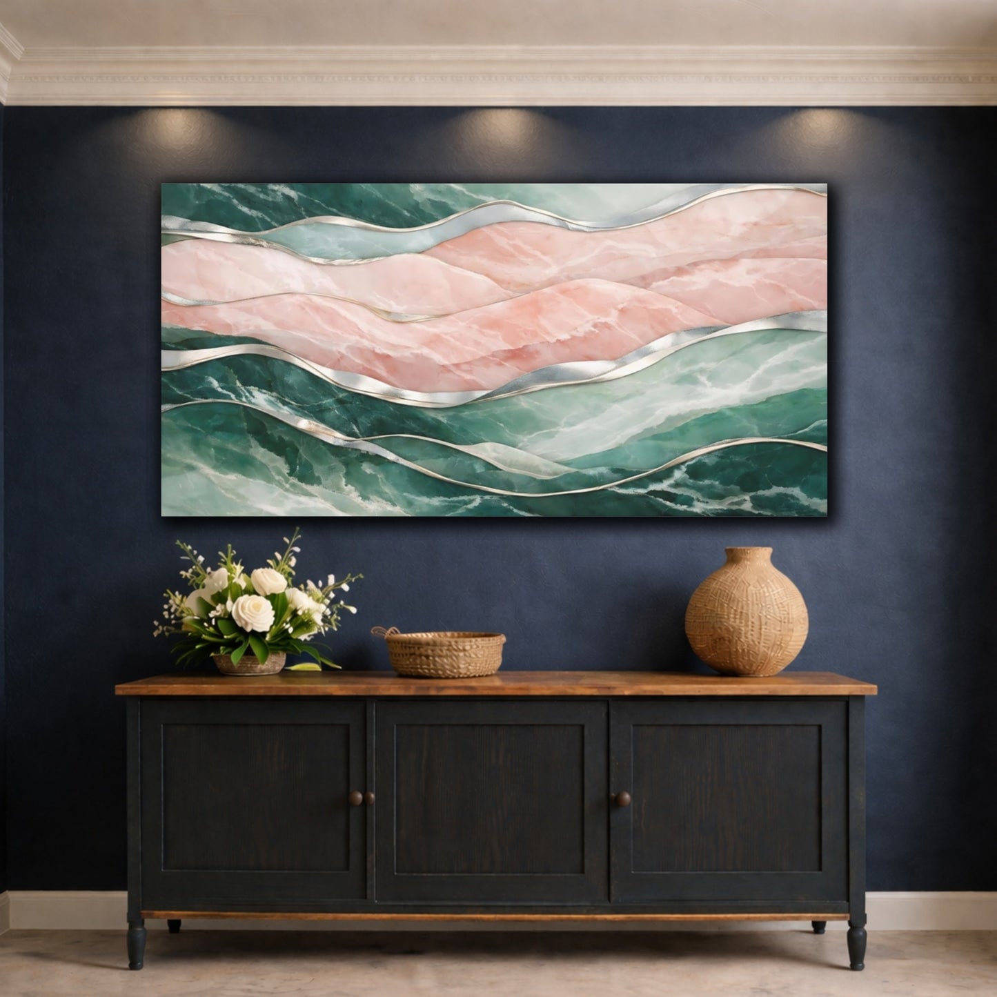Mockup 4. Abstract Marble Waves Pink And Green Marble shown as stretched canvas wall art