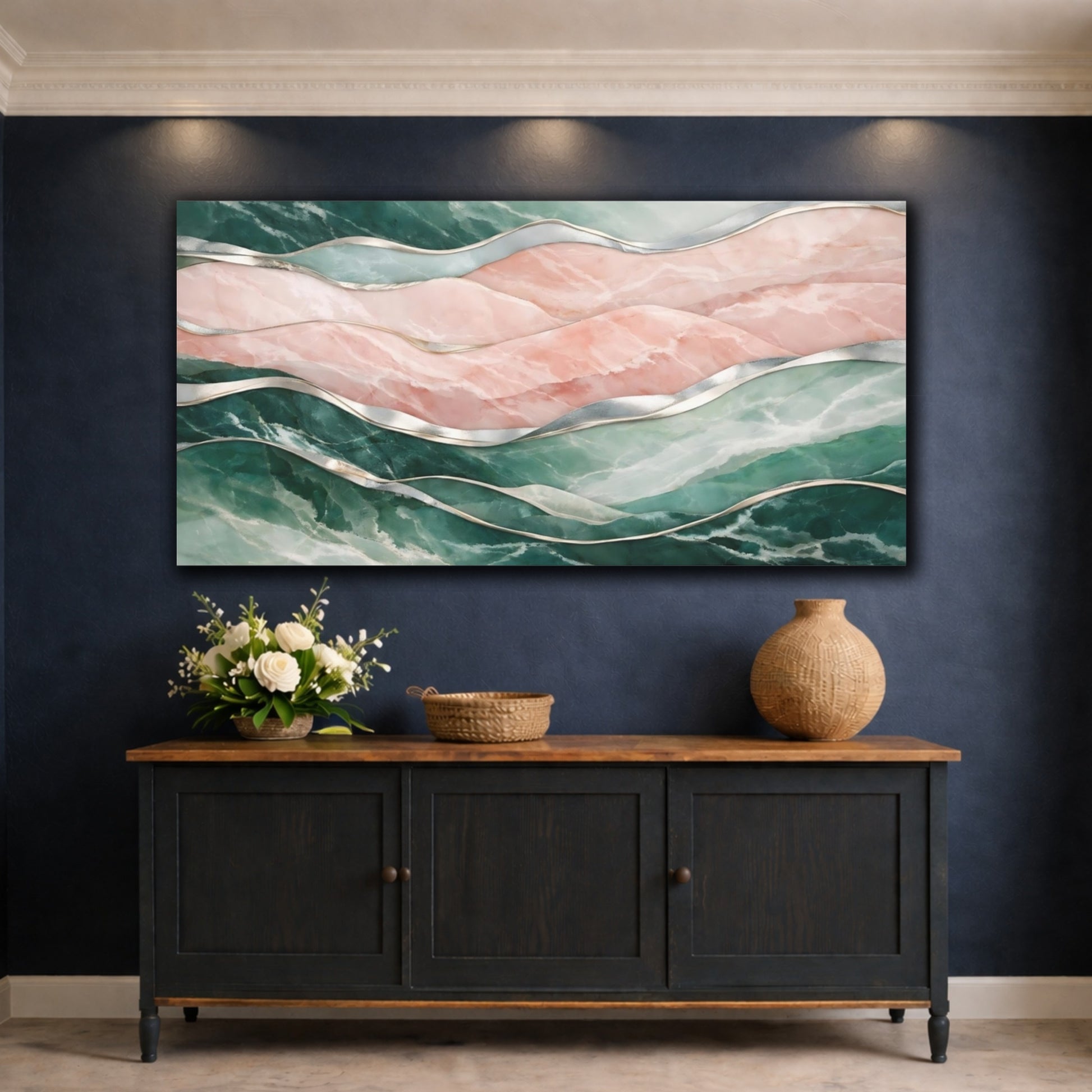 Mockup 4. Abstract Marble Waves Pink And Green Marble shown as stretched canvas wall art