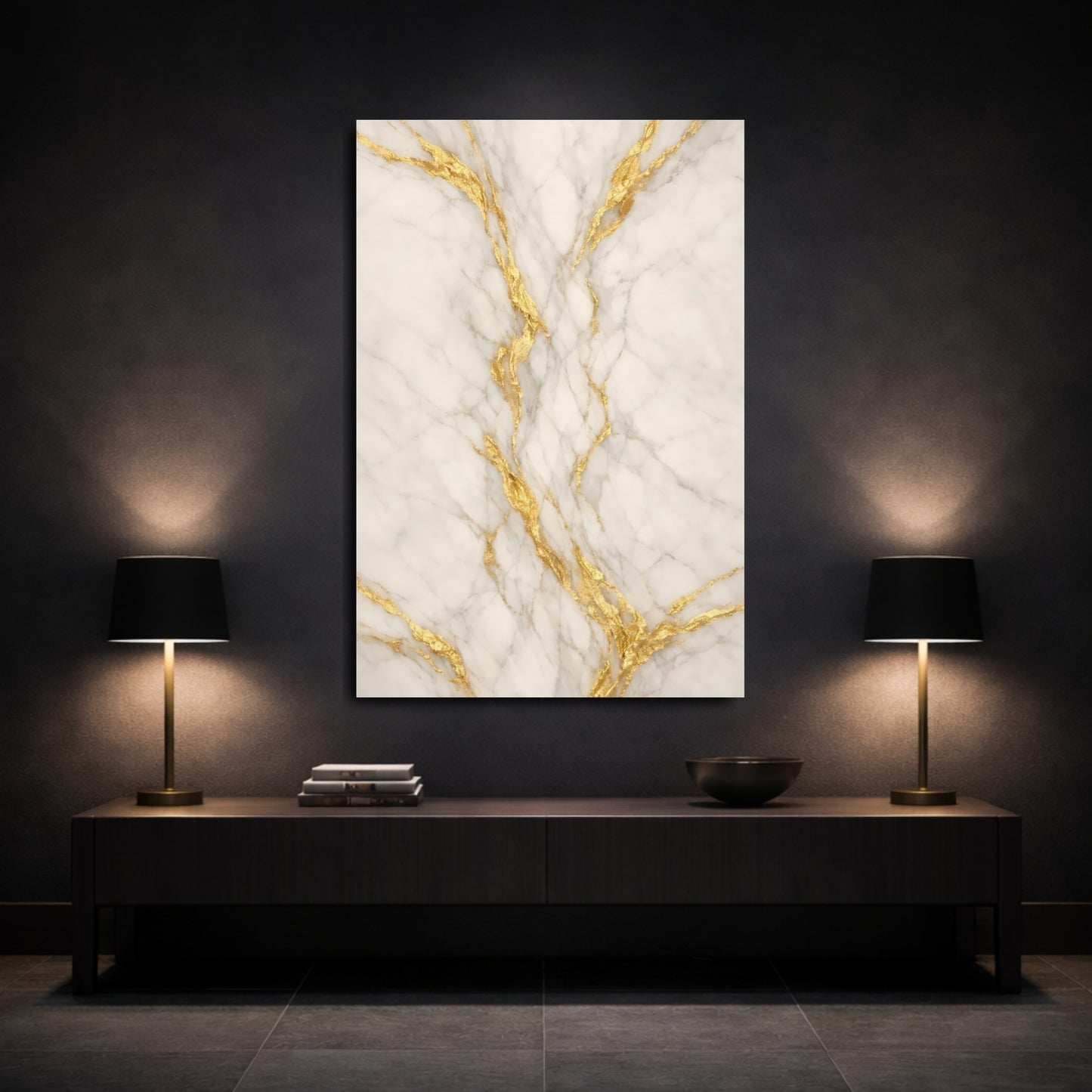 Mockup 2. Abstract Marble White And Gold shown as stretched canvas wall art