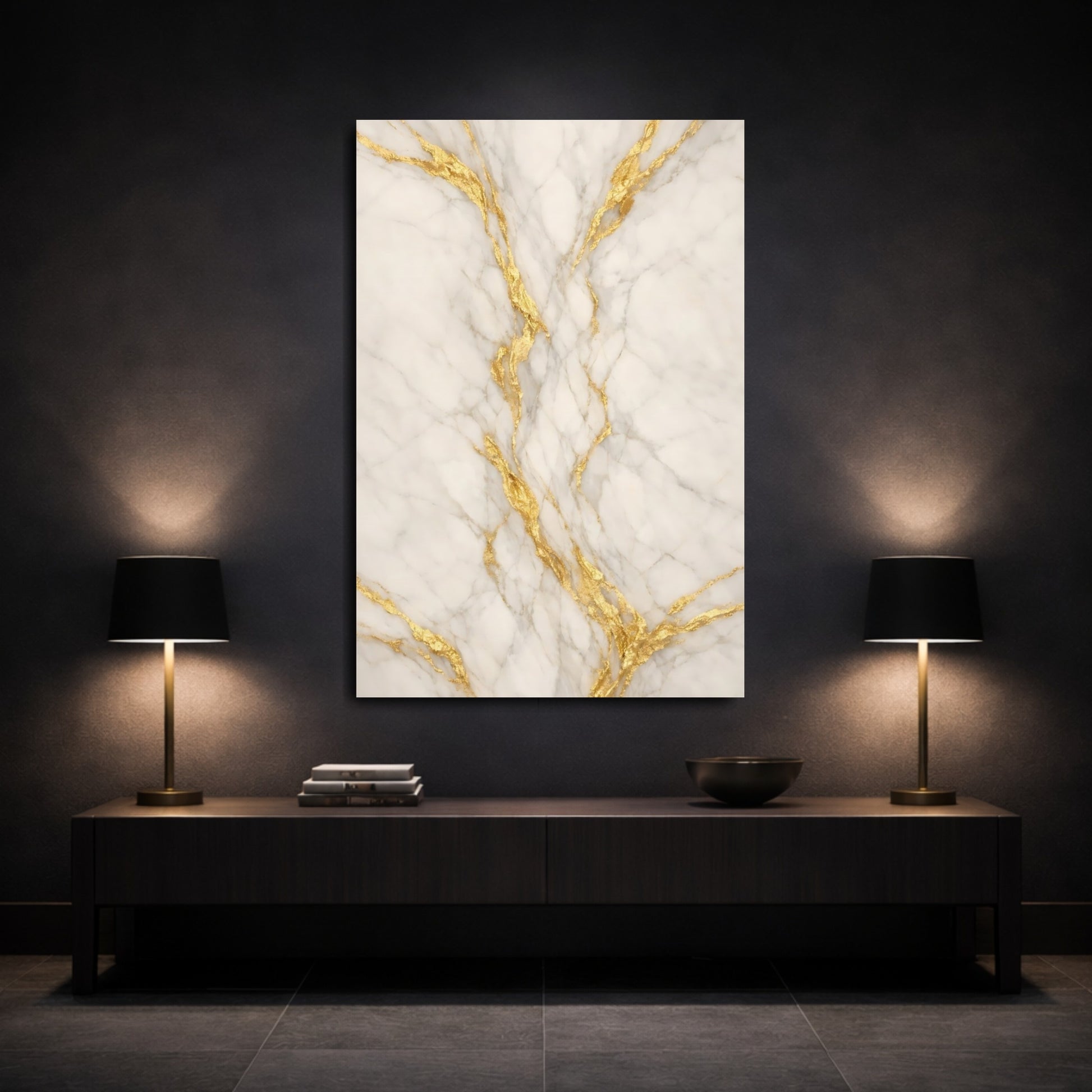 Mockup 2. Abstract Marble White And Gold shown as stretched canvas wall art