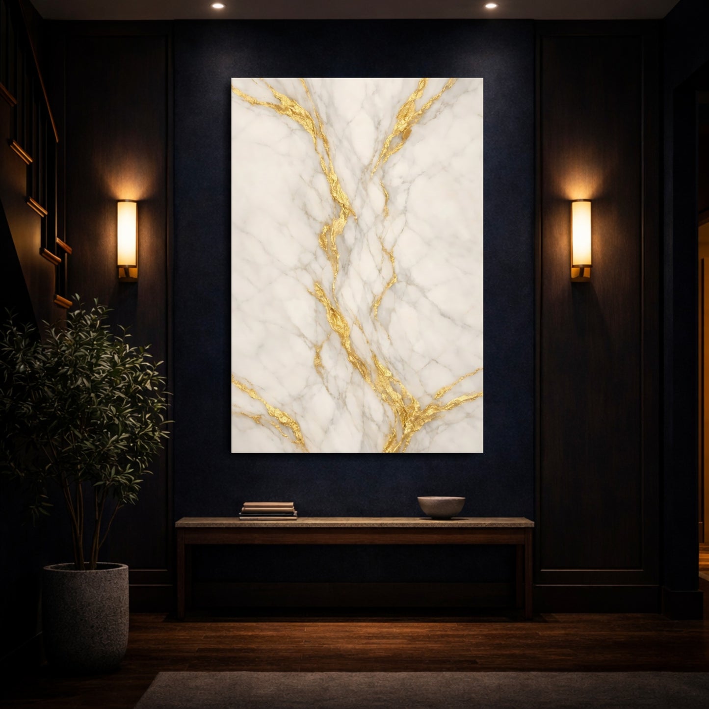 Mockup 3. Abstract Marble White And Gold shown as stretched canvas wall art