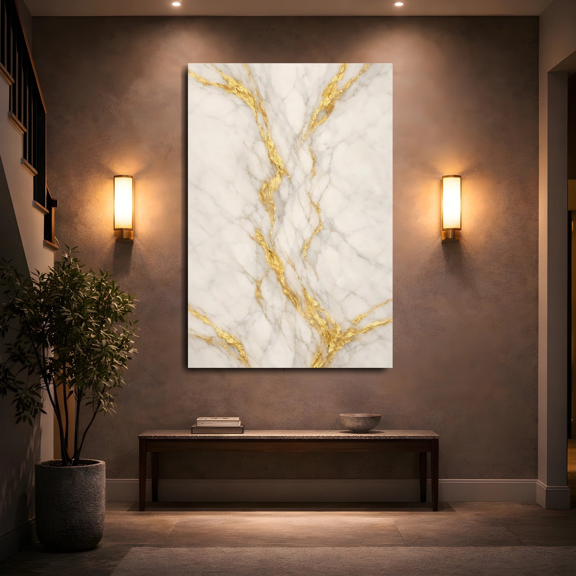 Mockup 4. Abstract Marble White And Gold shown as stretched canvas wall art