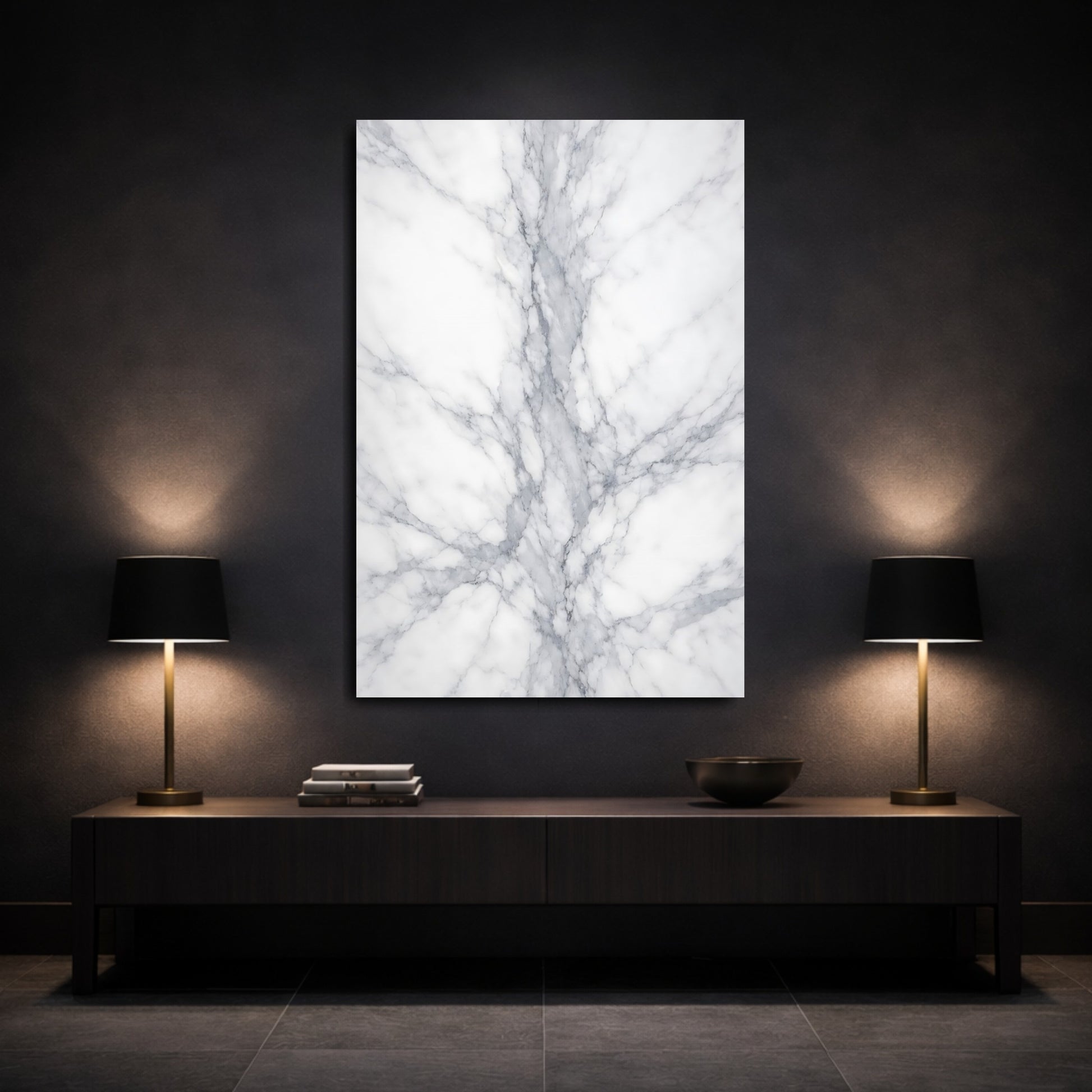 Mockup 2. Abstract Marble White And Grey Marble shown as stretched canvas wall art