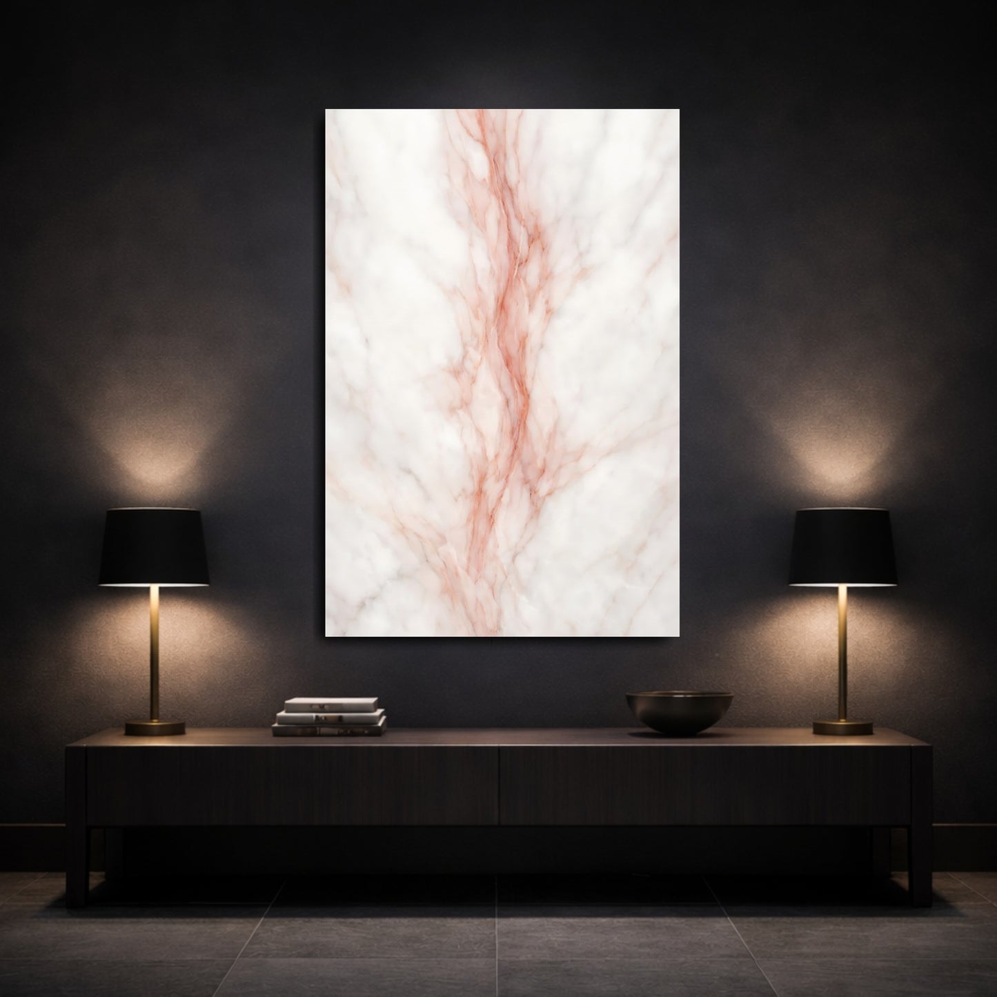 Mockup 2. Abstract Marble White And Rose Gold Marble shown as stretched canvas wall art