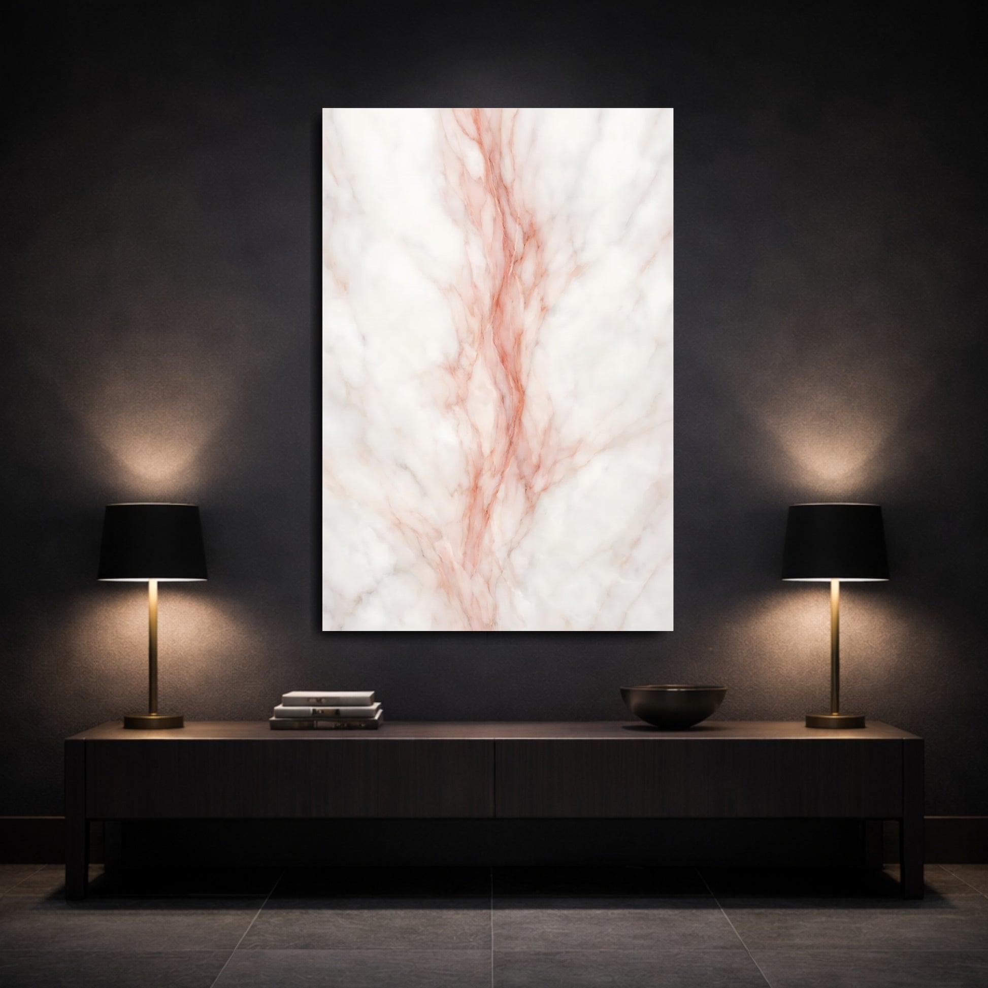 Mockup 2. Abstract Marble White And Rose Gold Marble shown as stretched canvas wall art