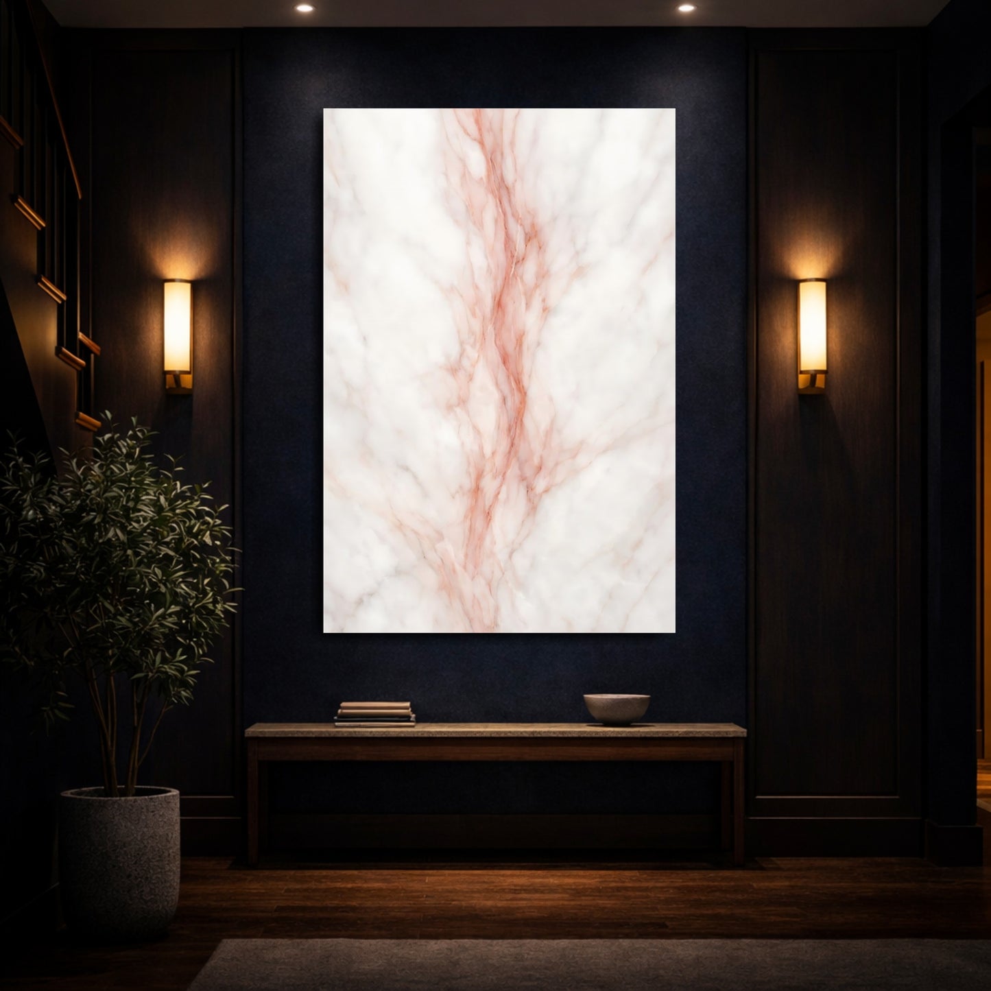 Mockup 3. Abstract Marble White And Rose Gold Marble shown as stretched canvas wall art