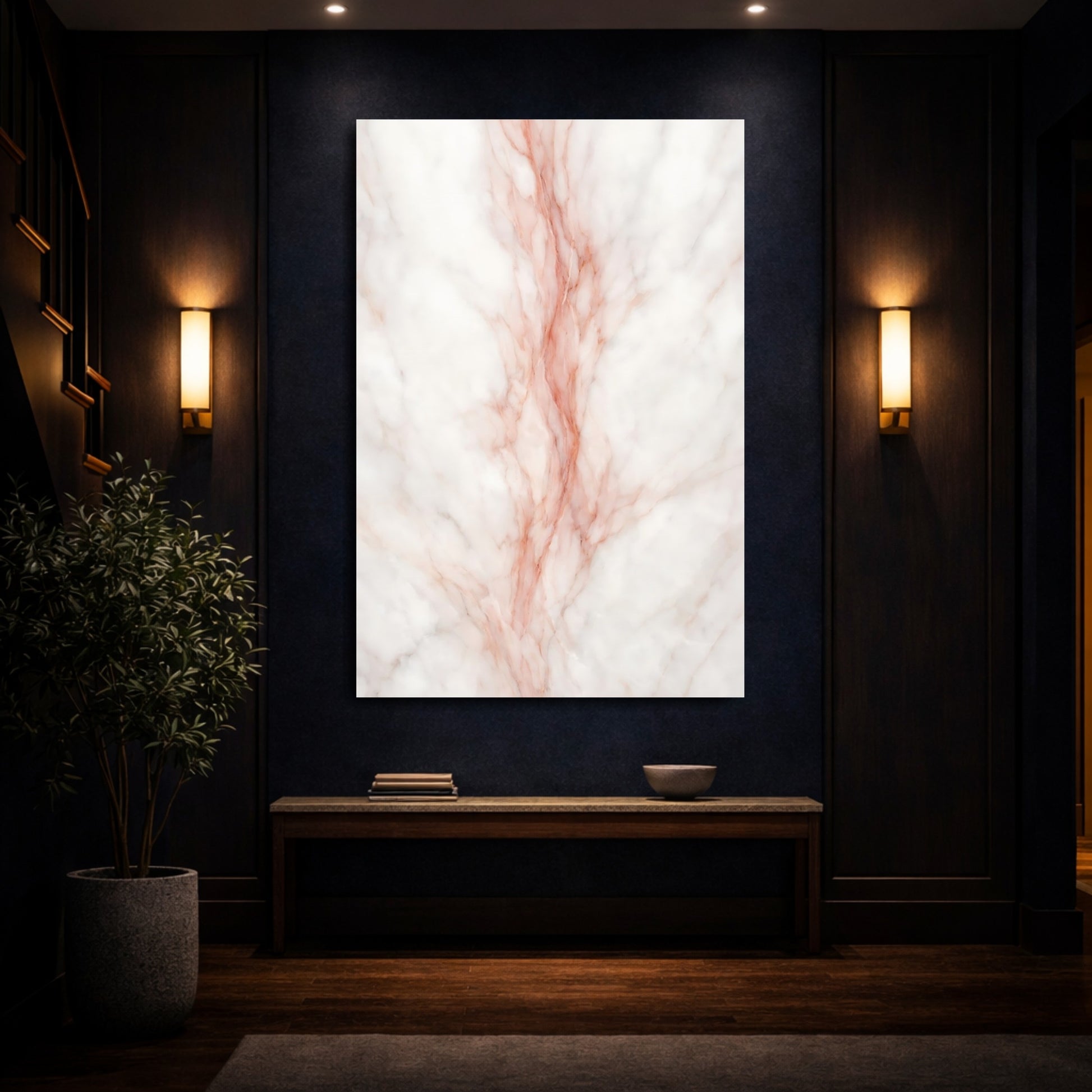 Mockup 3. Abstract Marble White And Rose Gold Marble shown as stretched canvas wall art