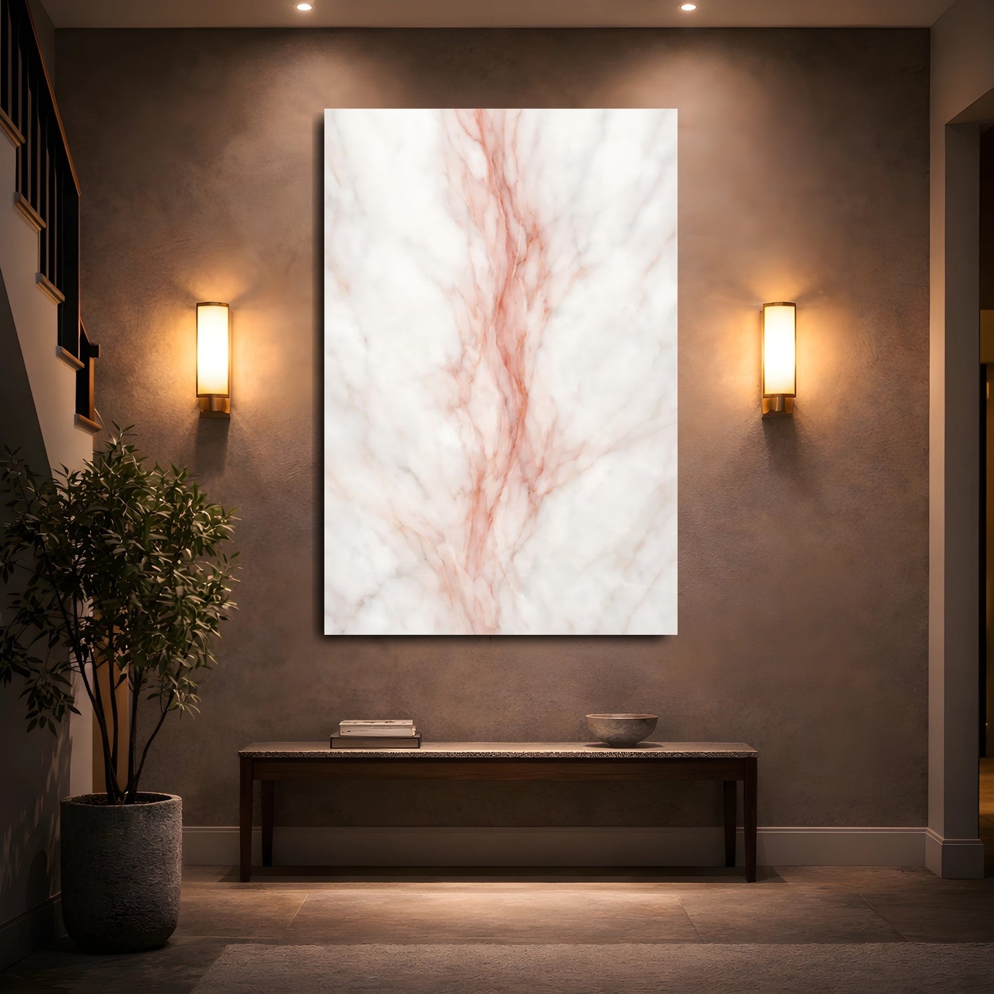 Mockup 4. Abstract Marble White And Rose Gold Marble shown as stretched canvas wall art
