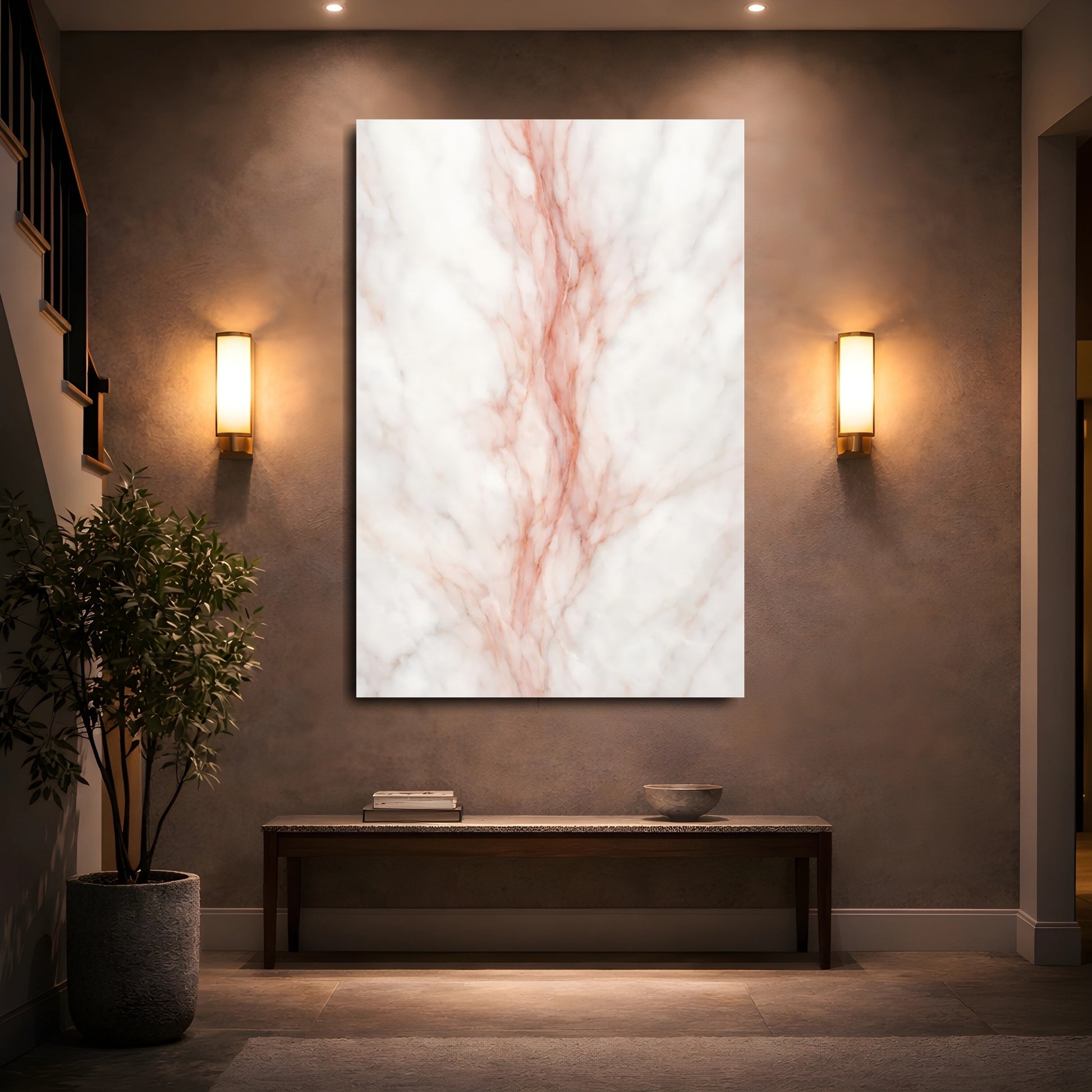 Mockup 4. Abstract Marble White And Rose Gold Marble shown as stretched canvas wall art