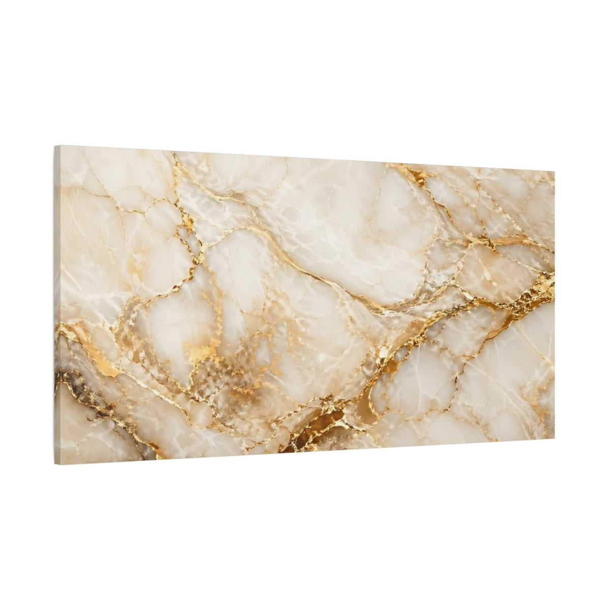 Side Mockup 2. Abstract Marble White Gold Marble shown as stretched canvas wall art