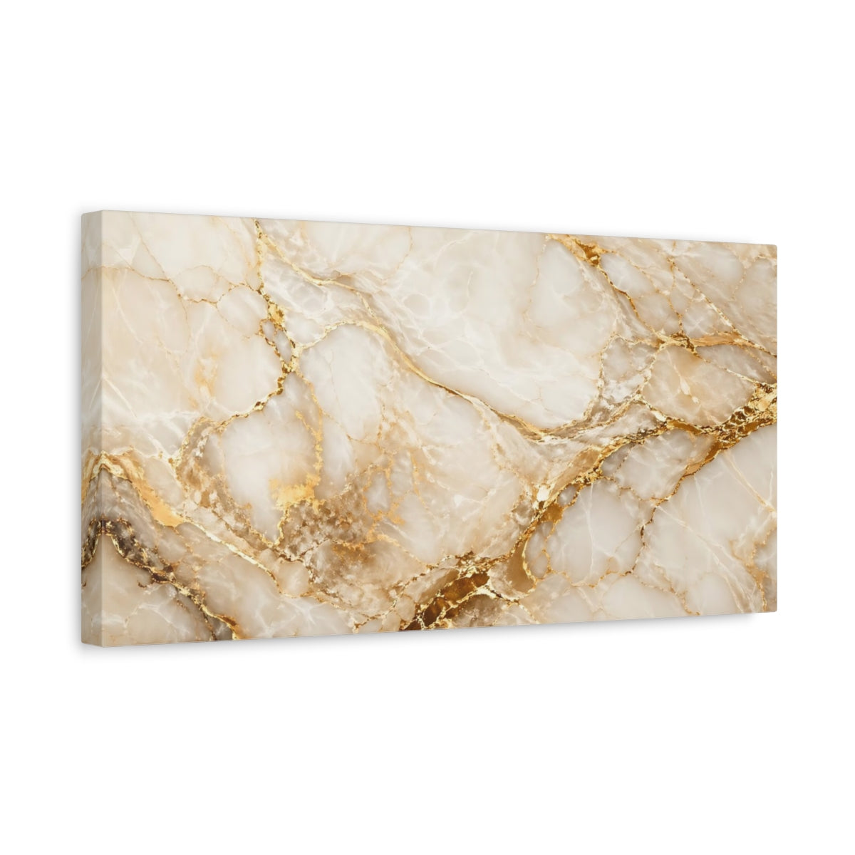 Side Mockup 3. Abstract Marble White Gold Marble shown as stretched canvas wall art