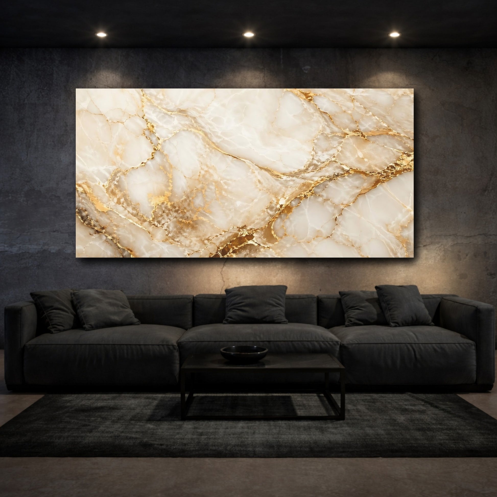 Mockup 2. Abstract Marble White Gold Marble shown as stretched canvas wall art