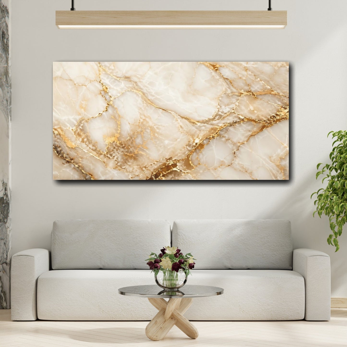 Mockup 3. Abstract Marble White Gold Marble shown as stretched canvas wall art
