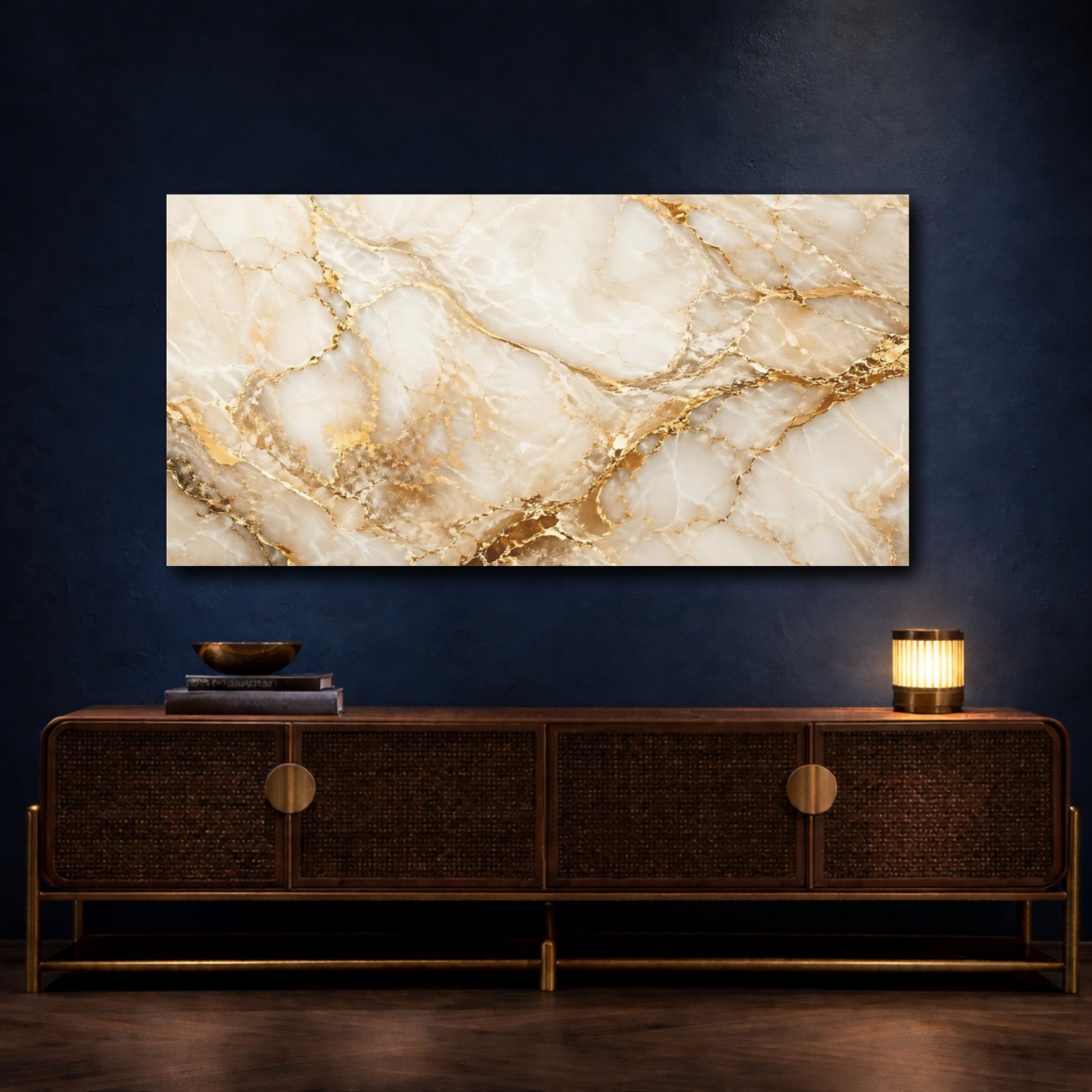 Mockup 4. Abstract Marble White Gold Marble shown as stretched canvas wall art
